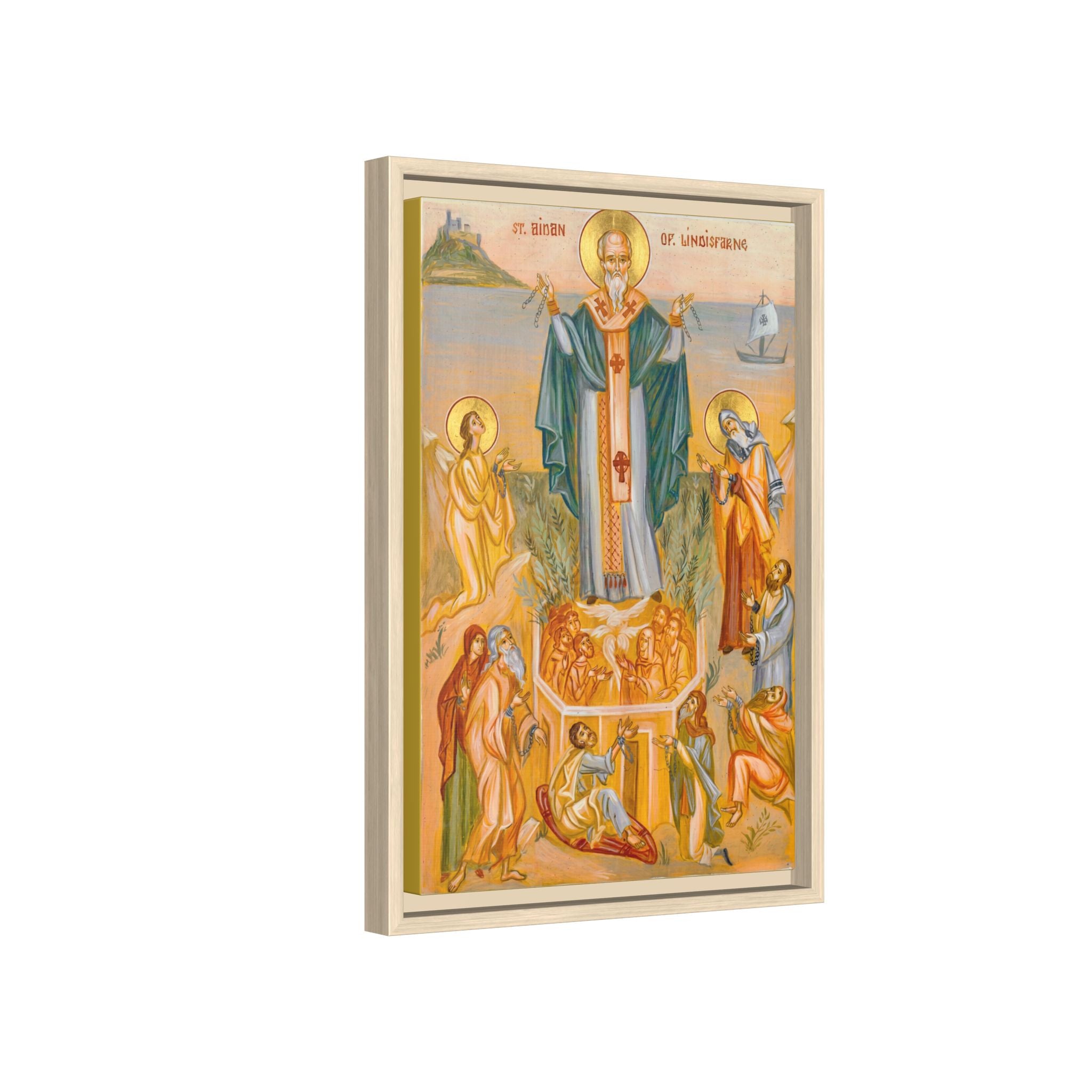 Framed canvas icon of Saint Aidan of Lindisfarne, traditional Orthodox Christian artwork