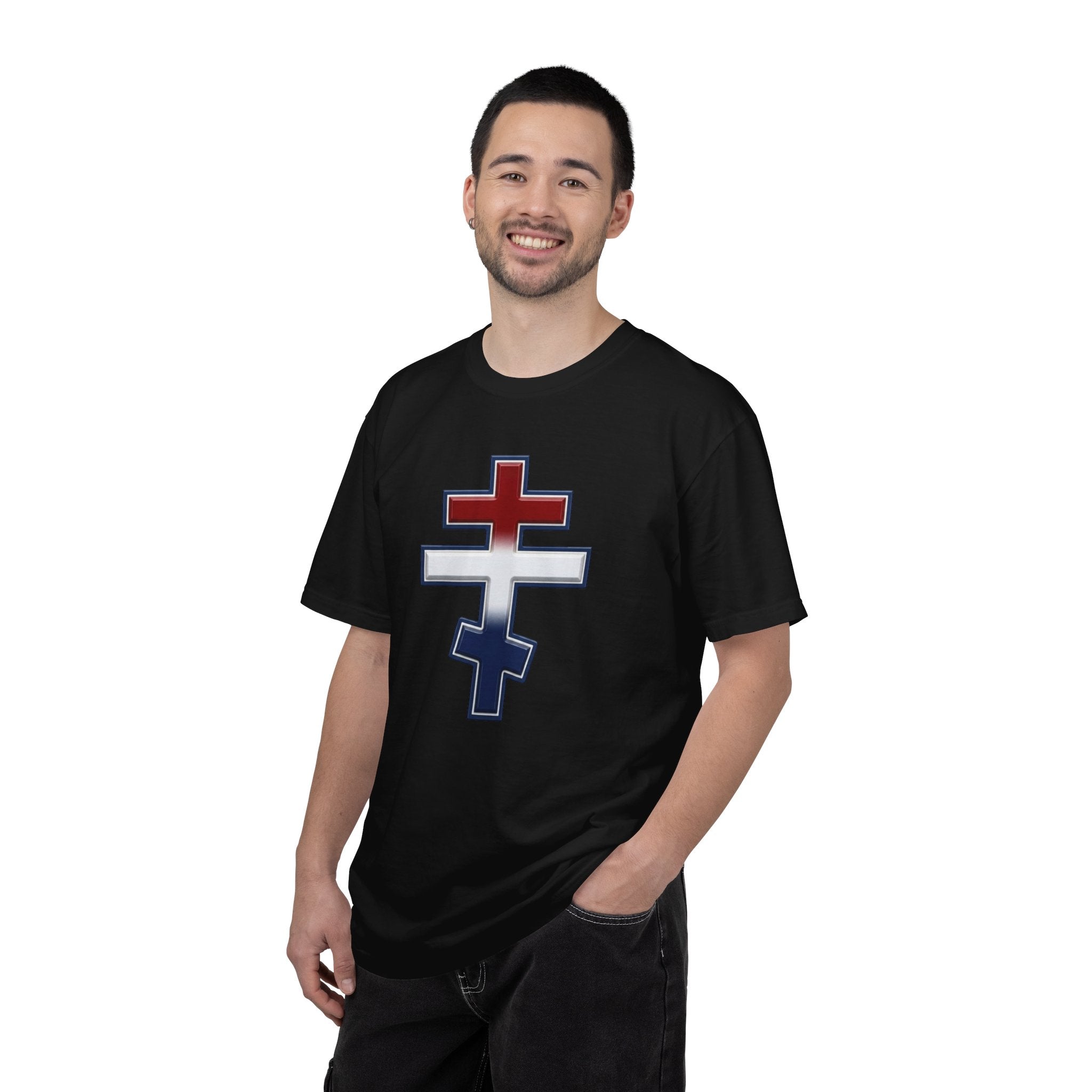 United States Orthodox Cross design on a heavyweight garment-dyed t-shirt