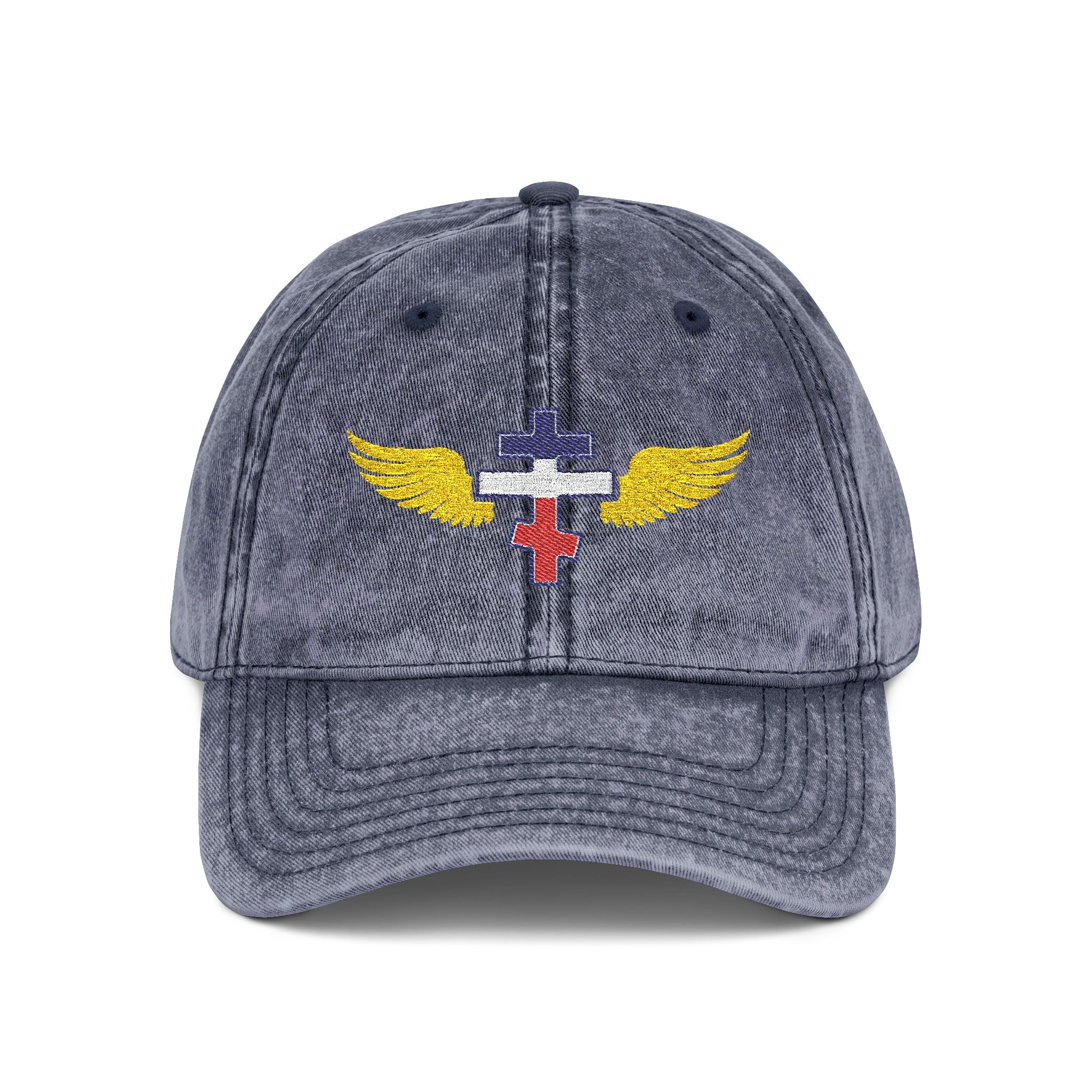 French Orthodox cross with wings embroidered on vintage cotton twill cap -- additional view 3
