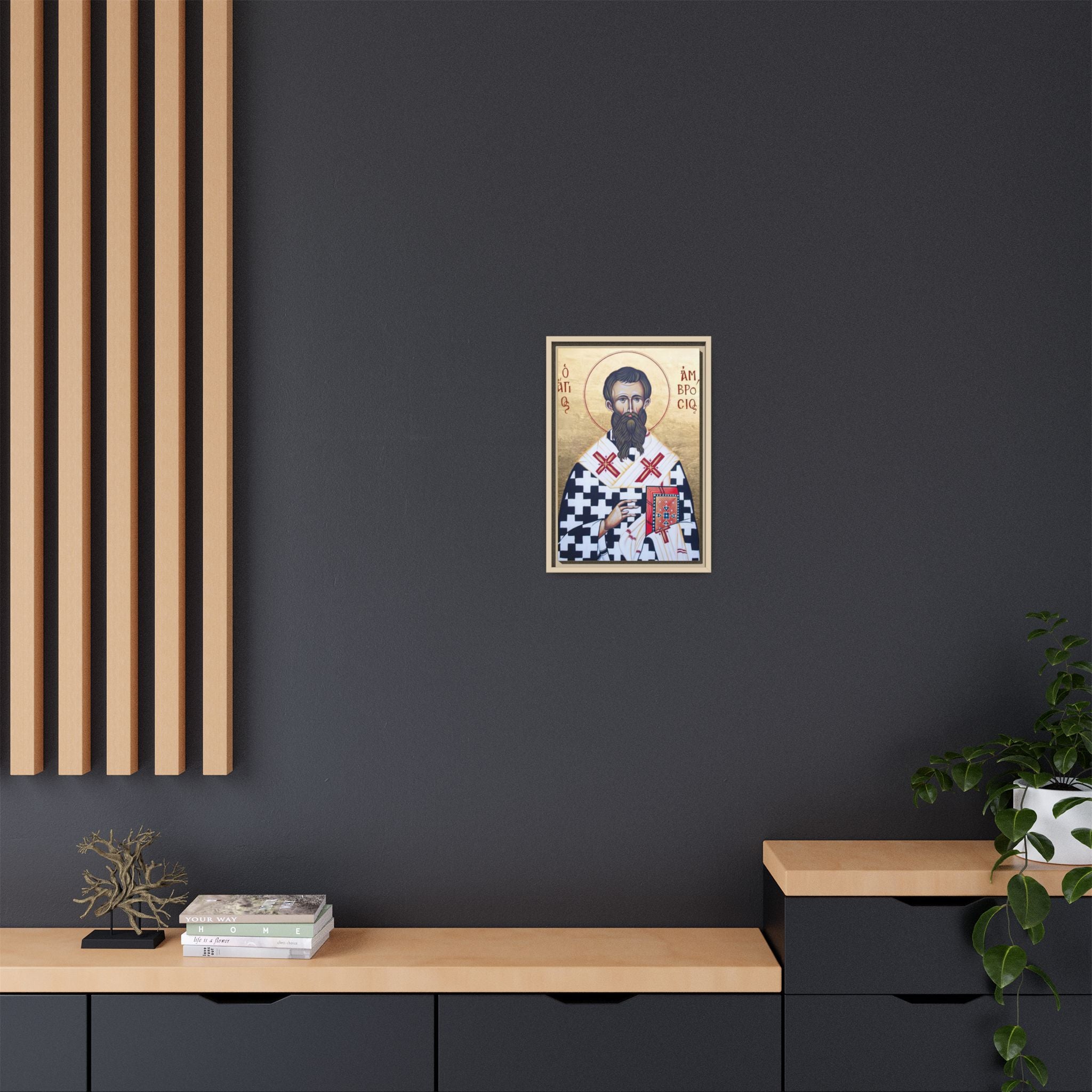 Framed canvas icon of Saint Ambrose of Milan, traditional Orthodox Christian artwork