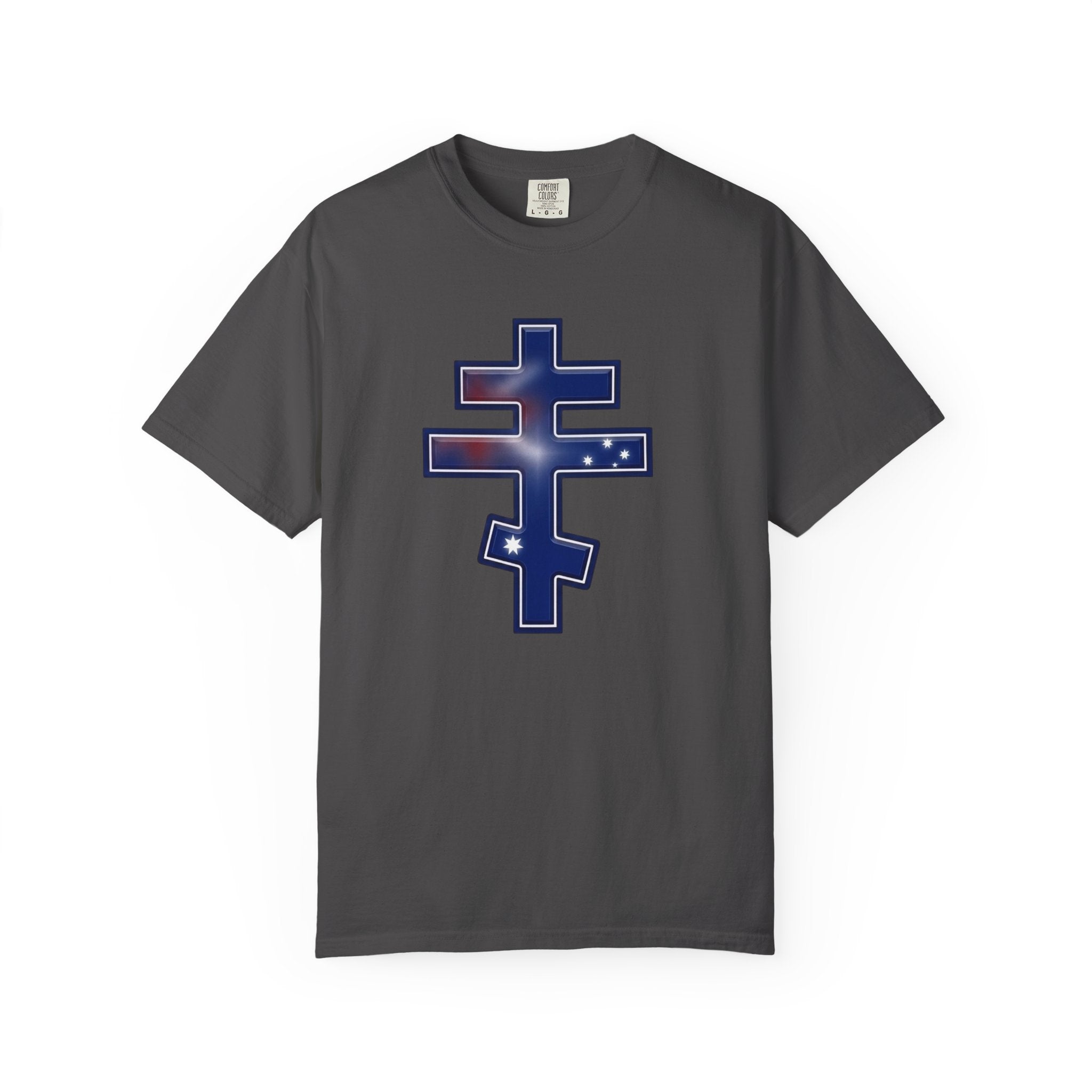 Australian Orthodox Cross design on a heavyweight garment-dyed t-shirt