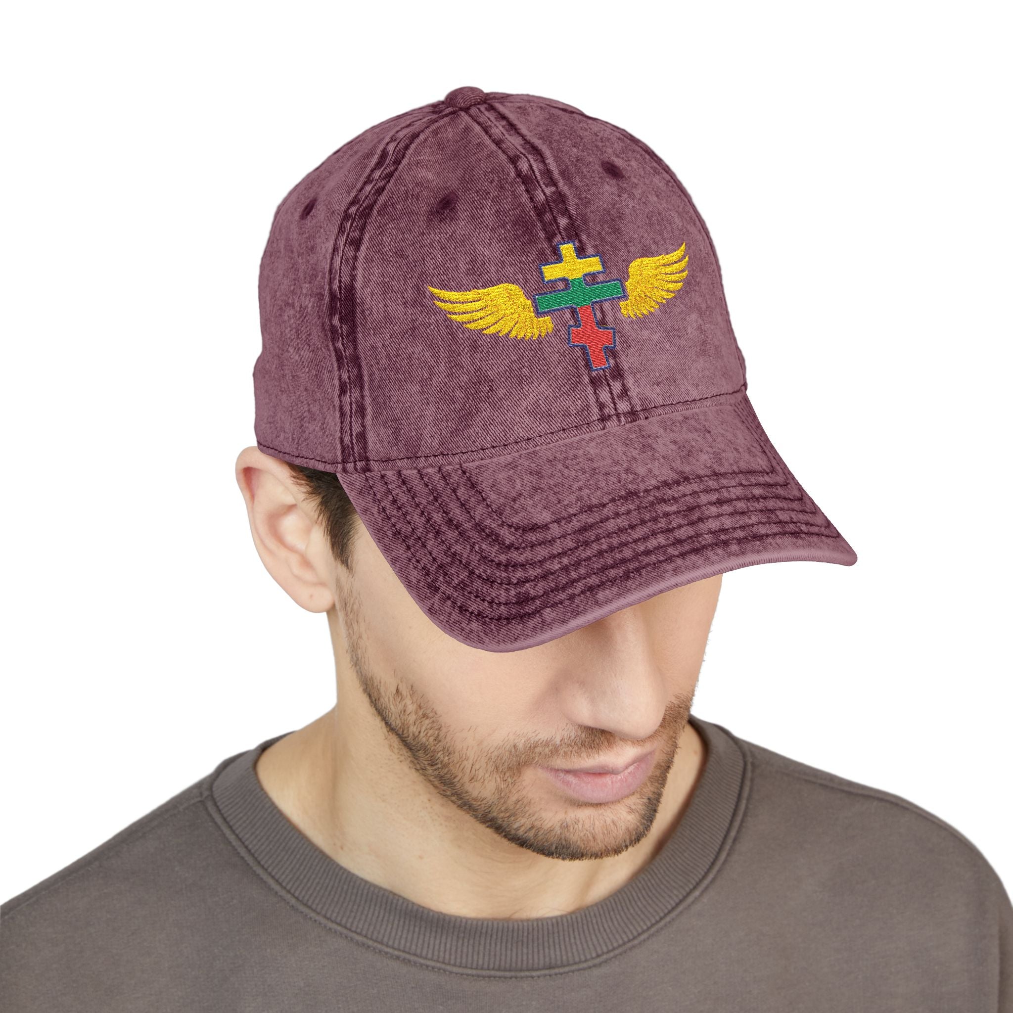 Lithuanian Orthodox cross with wings embroidered on vintage cotton twill cap -- additional view 16