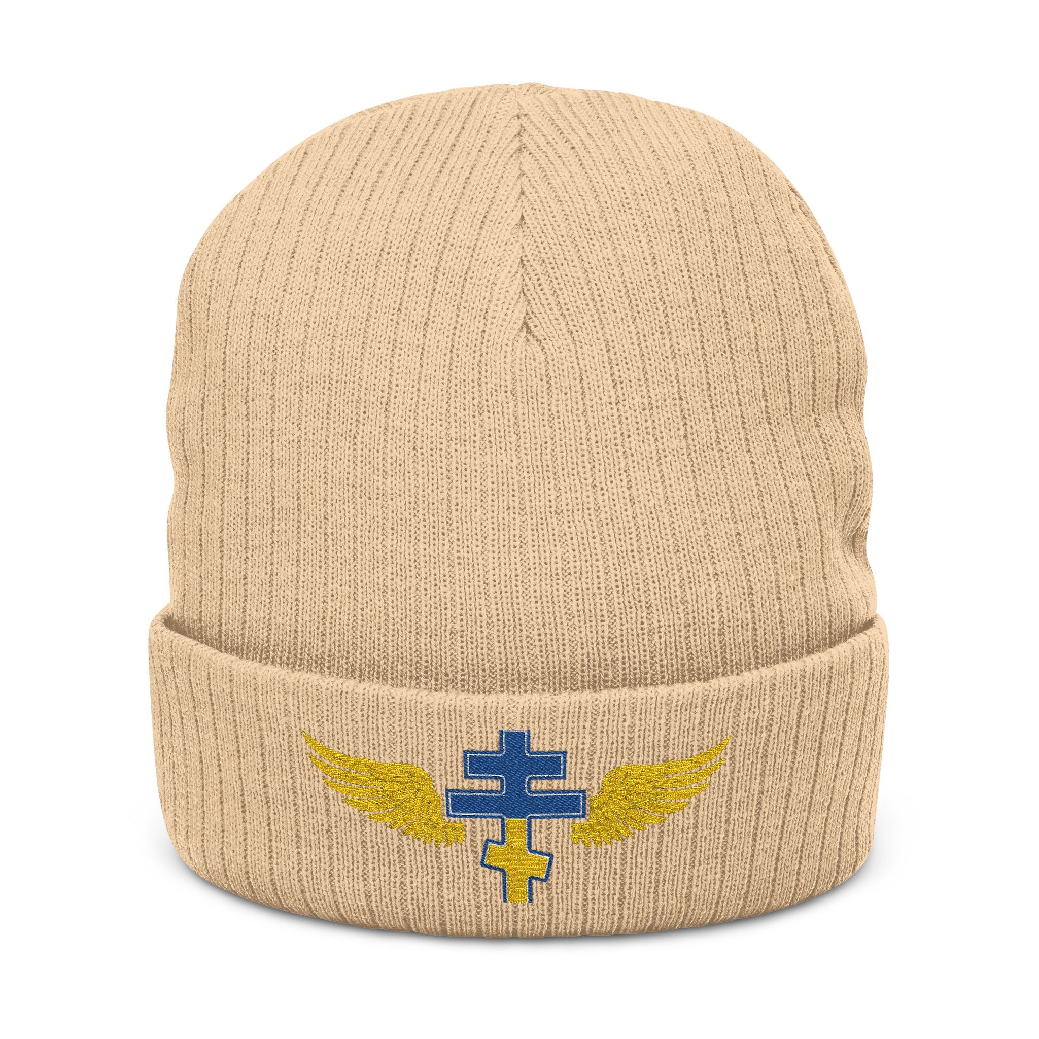 Ukrainian Orthodox cross with wings embroidered on ribbed knit beanie -- additional view 2