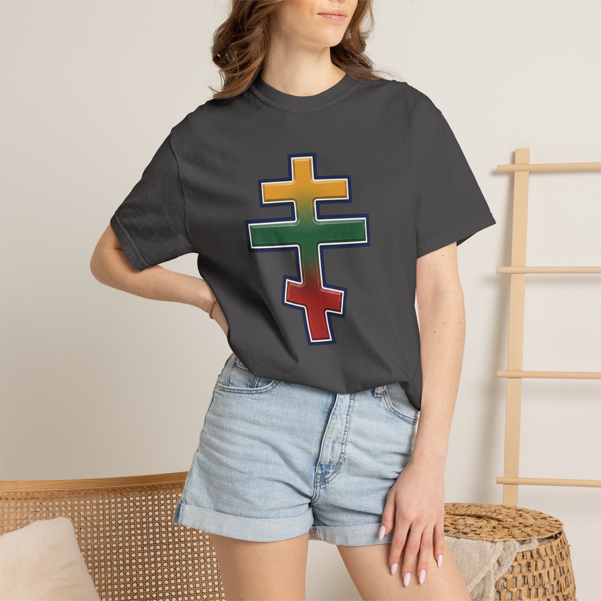 Lithuanian Orthodox Cross design on a heavyweight garment-dyed t-shirt