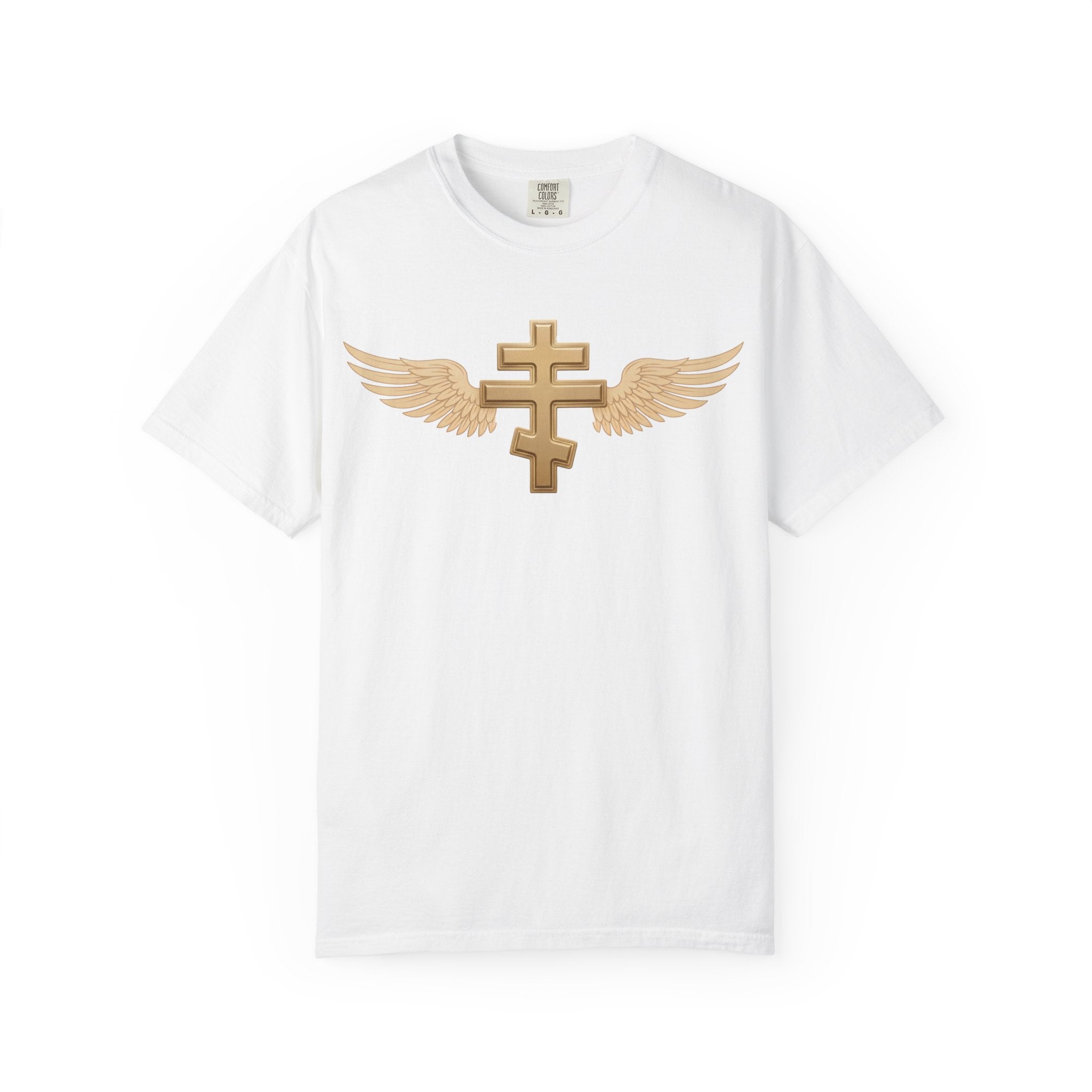 Classic gold winged classic Orthodox cross design on a heavyweight garment-dyed t-shirt