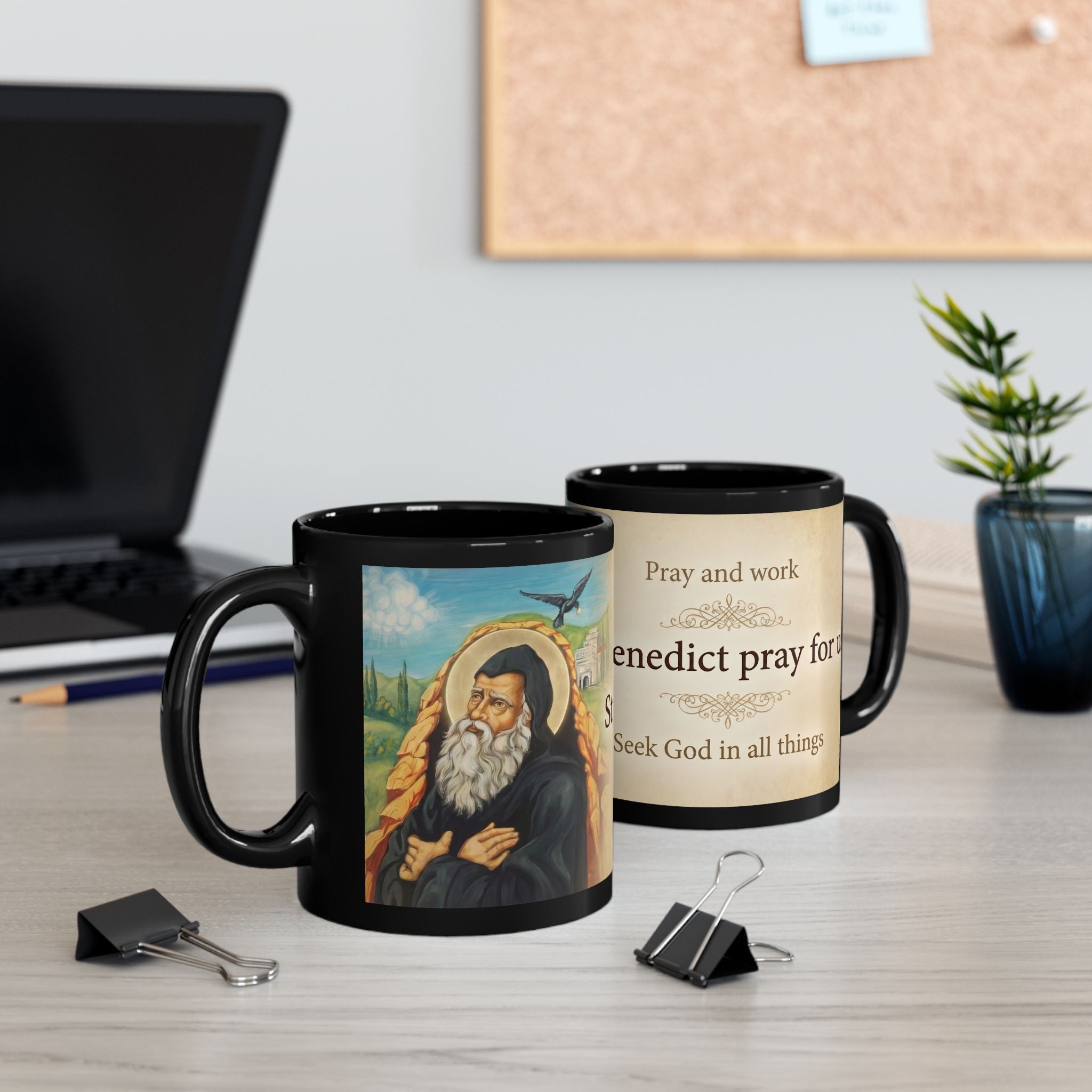 Saint Benedict of Nursia Orthodox Christian Black Coffee Mug — Christian Gift Idea