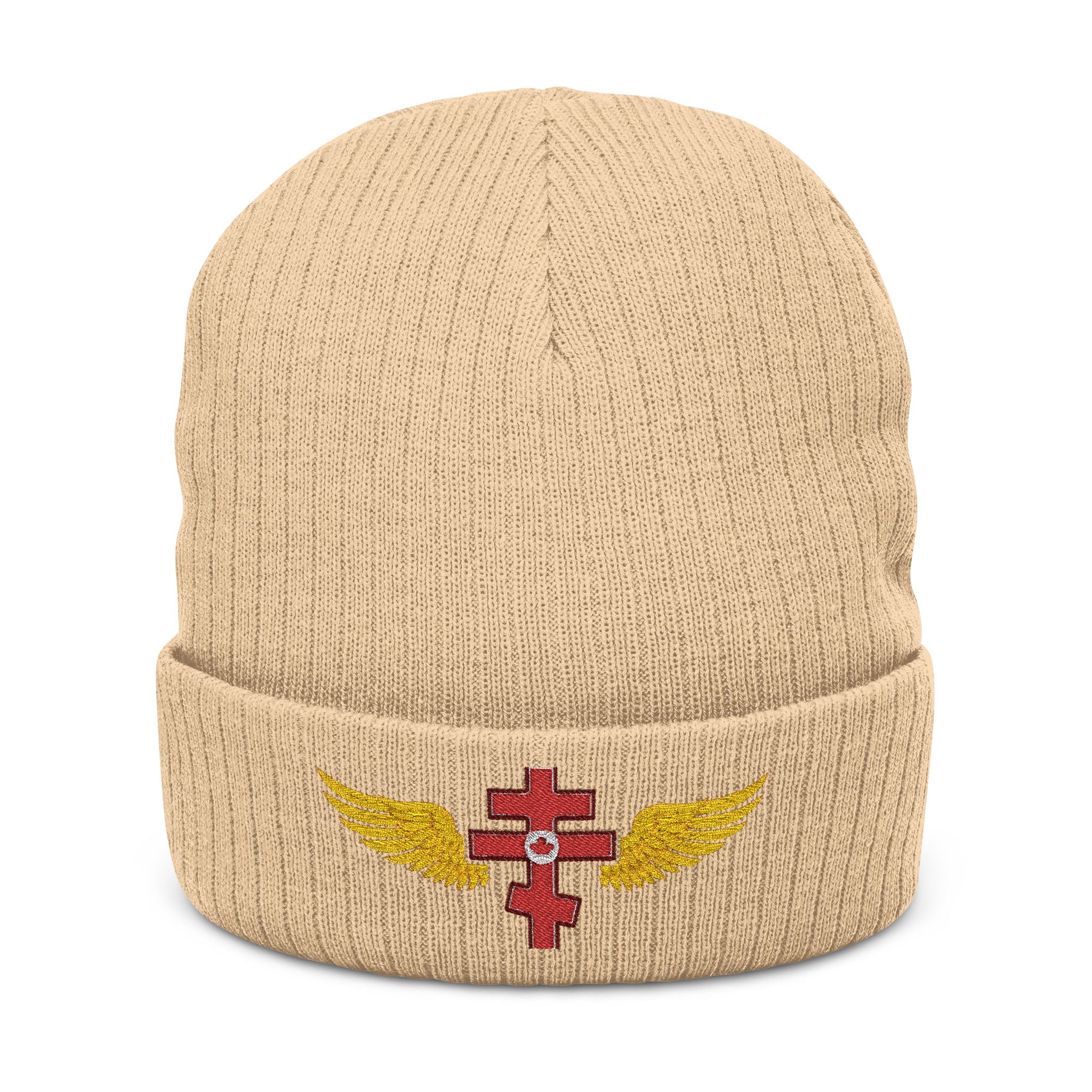 Canadian Orthodox cross with wings embroidered on ribbed knit beanie -- additional view 2