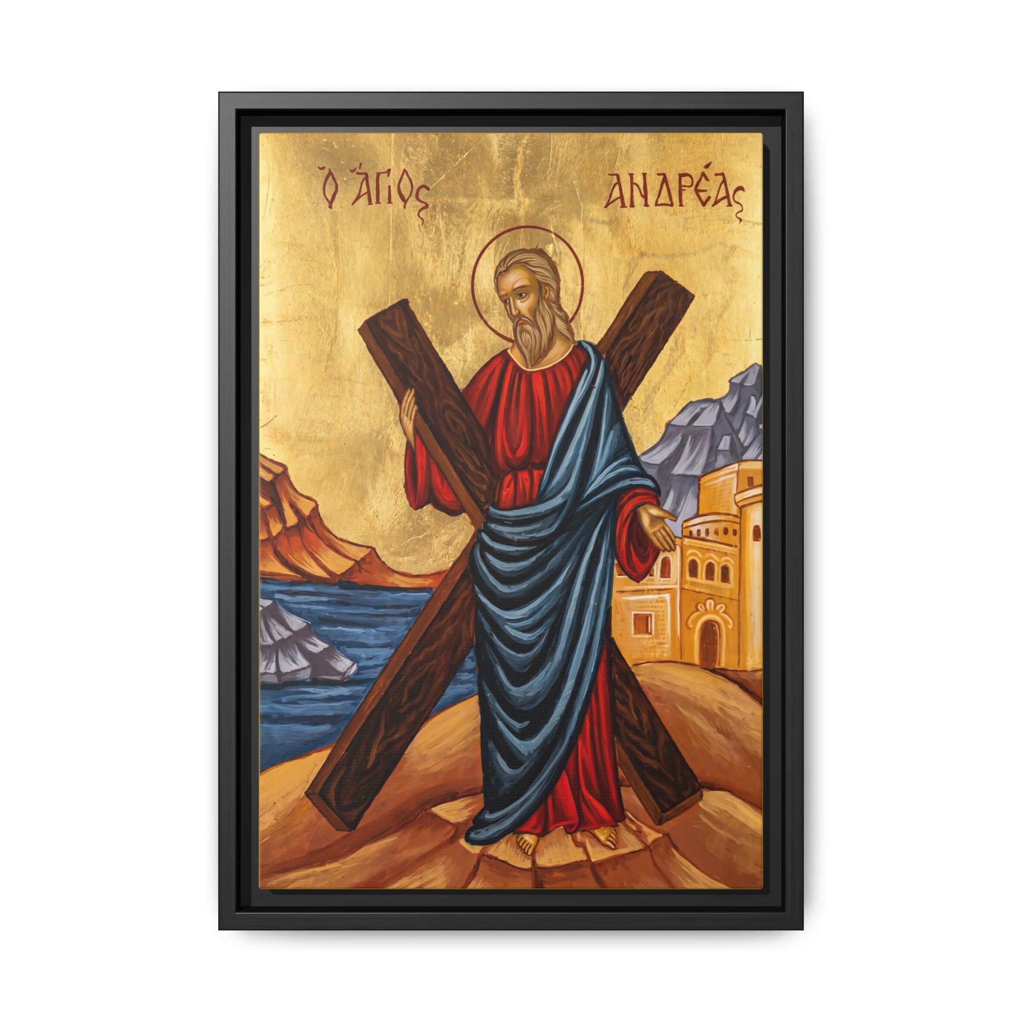 Framed canvas icon of Saint Andrew the Apostle, traditional Orthodox Christian artwork