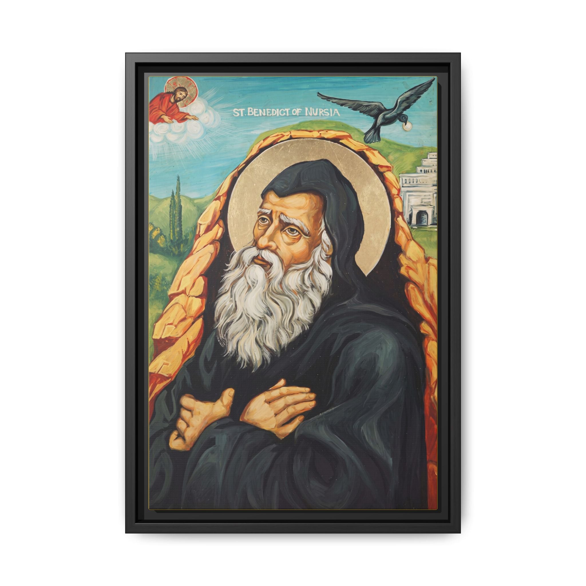 Framed canvas icon of Saint Benedict of Nursia, traditional Orthodox Christian artwork