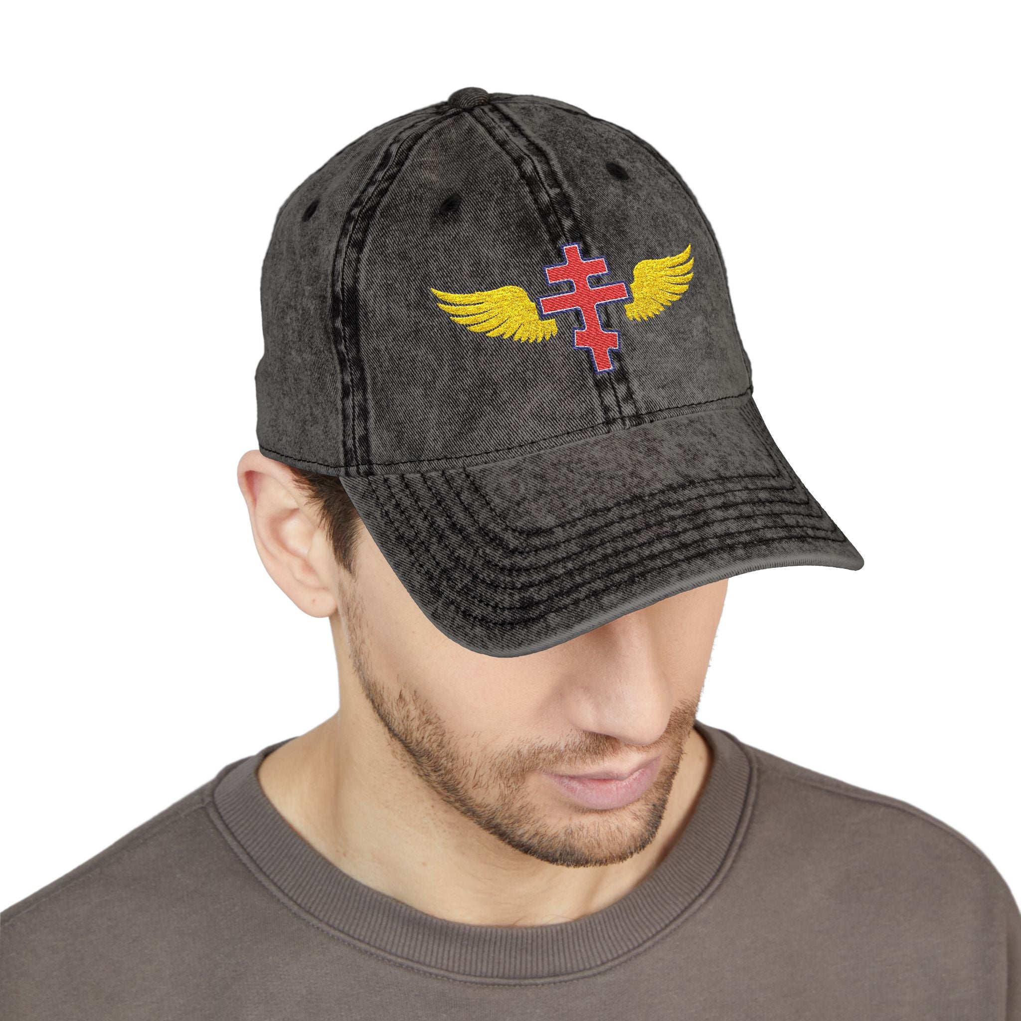 Latvian Orthodox cross with wings embroidered on vintage cotton twill cap -- additional view 7