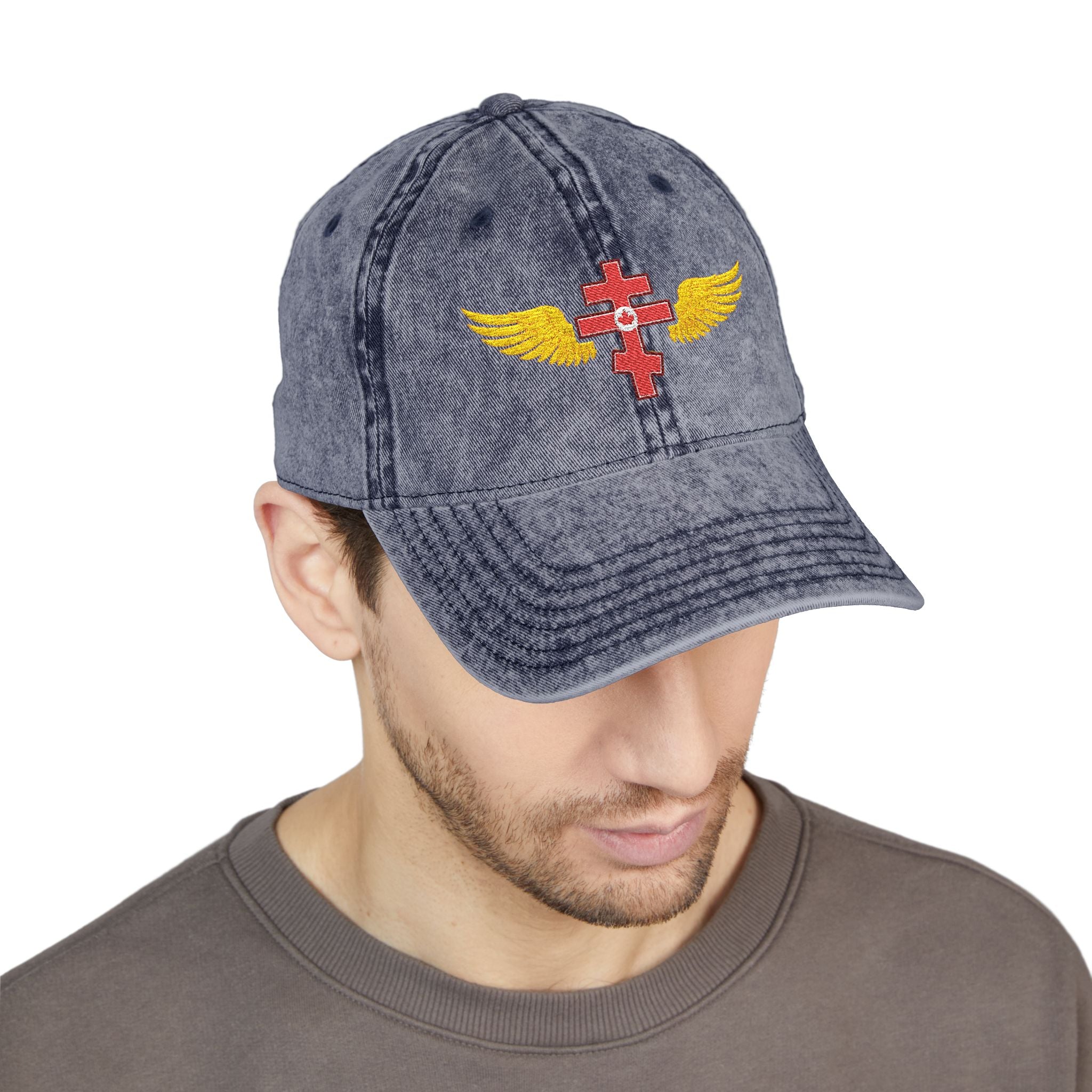 Canadian Orthodox cross with wings embroidered on vintage cotton twill cap -- additional view 13