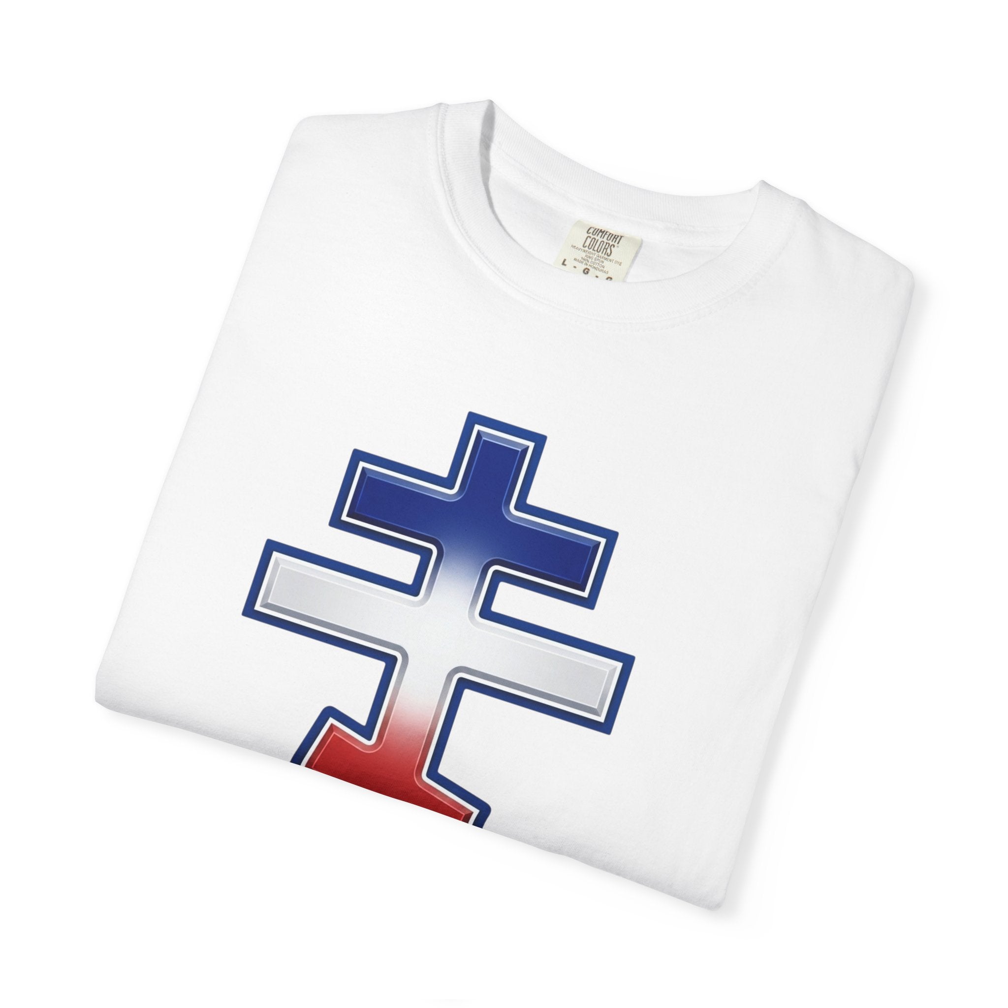 French Orthodox Cross design on a heavyweight garment-dyed t-shirt