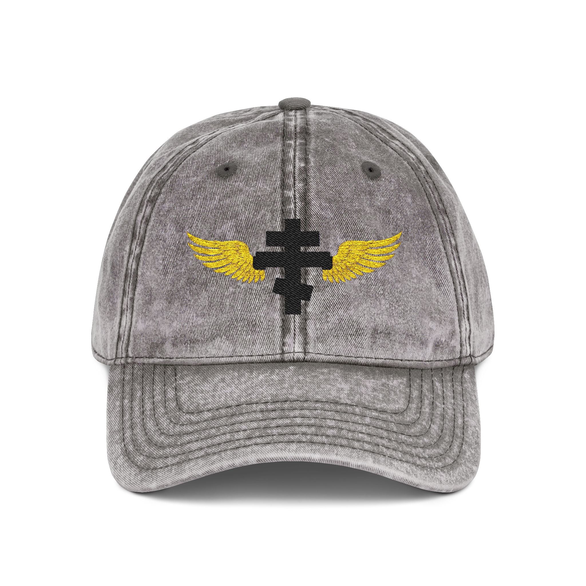 Black Orthodox cross with wings embroidered on vintage cotton twill cap