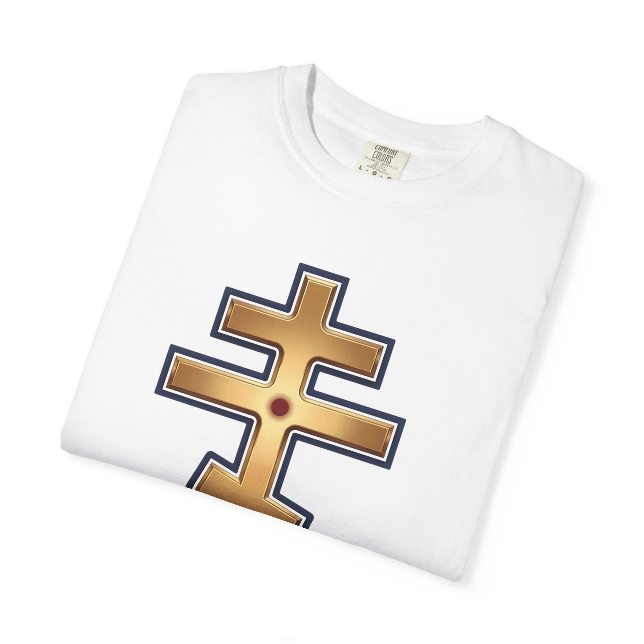 Jerusalem Orthodox Cross design on a heavyweight garment-dyed t-shirt