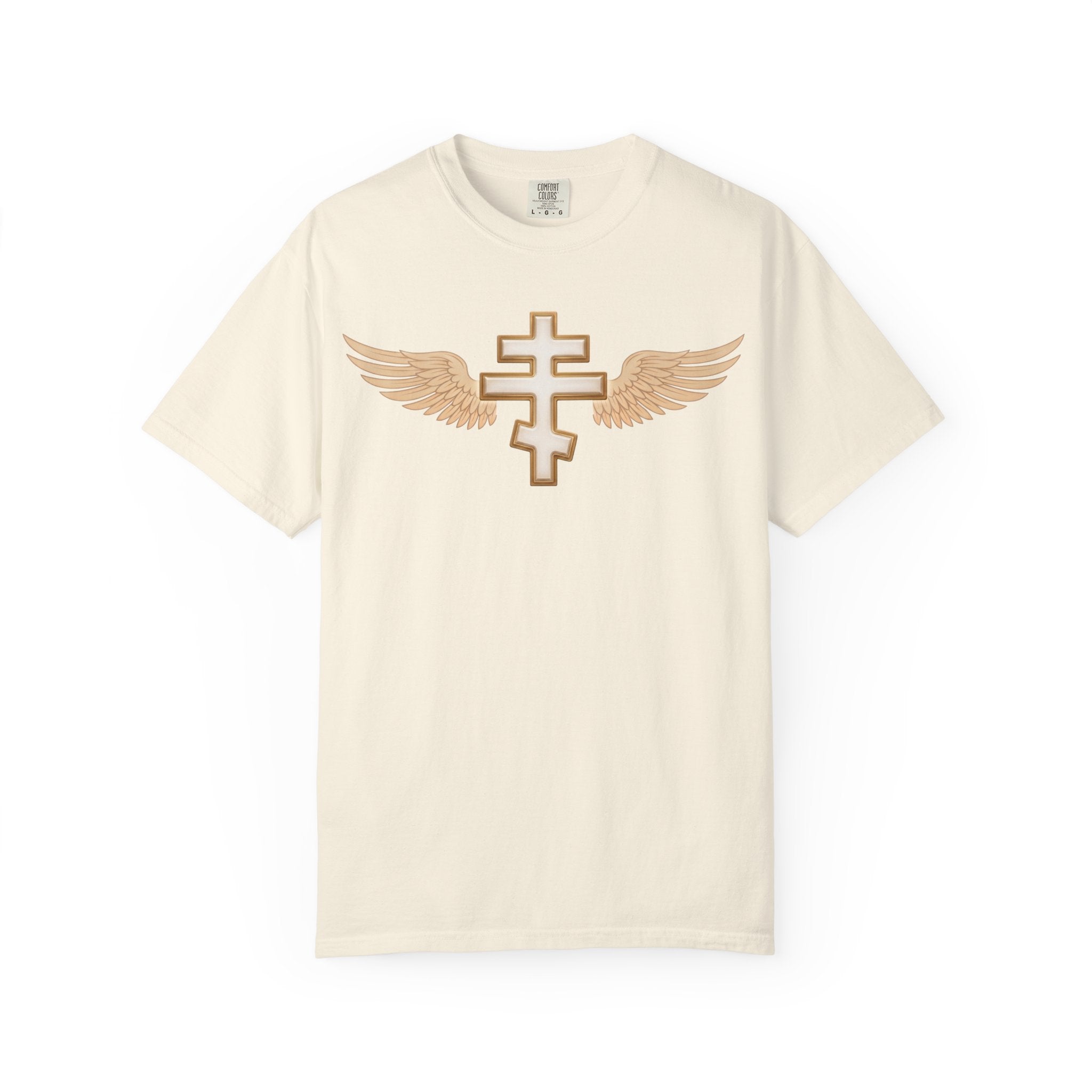 Classic white winged classic Orthodox cross design on a heavyweight garment-dyed t-shirt