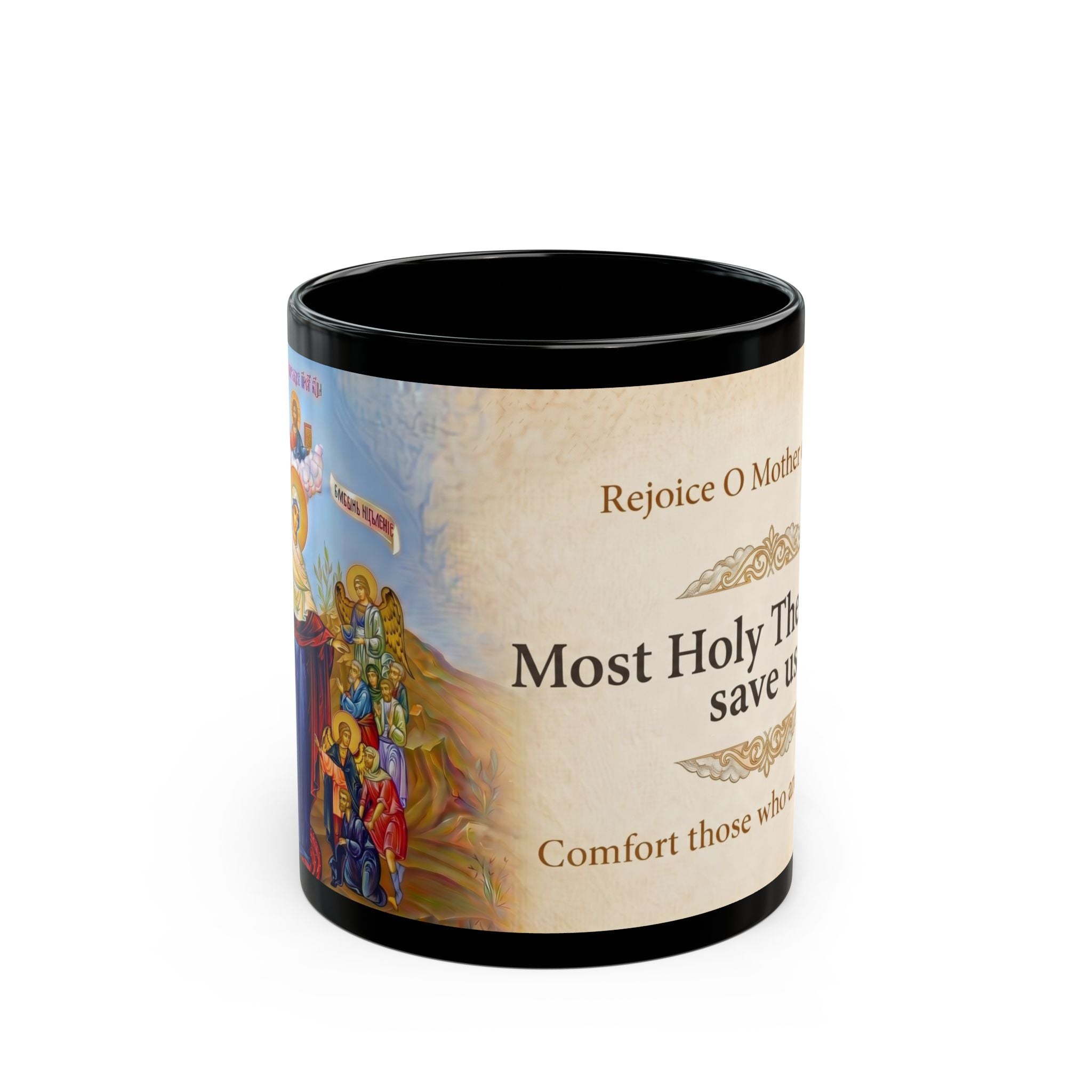 Theotokos Joy of All Who Sorrow Orthodox Christian Black Coffee Mug — Orthodox Christian Mug