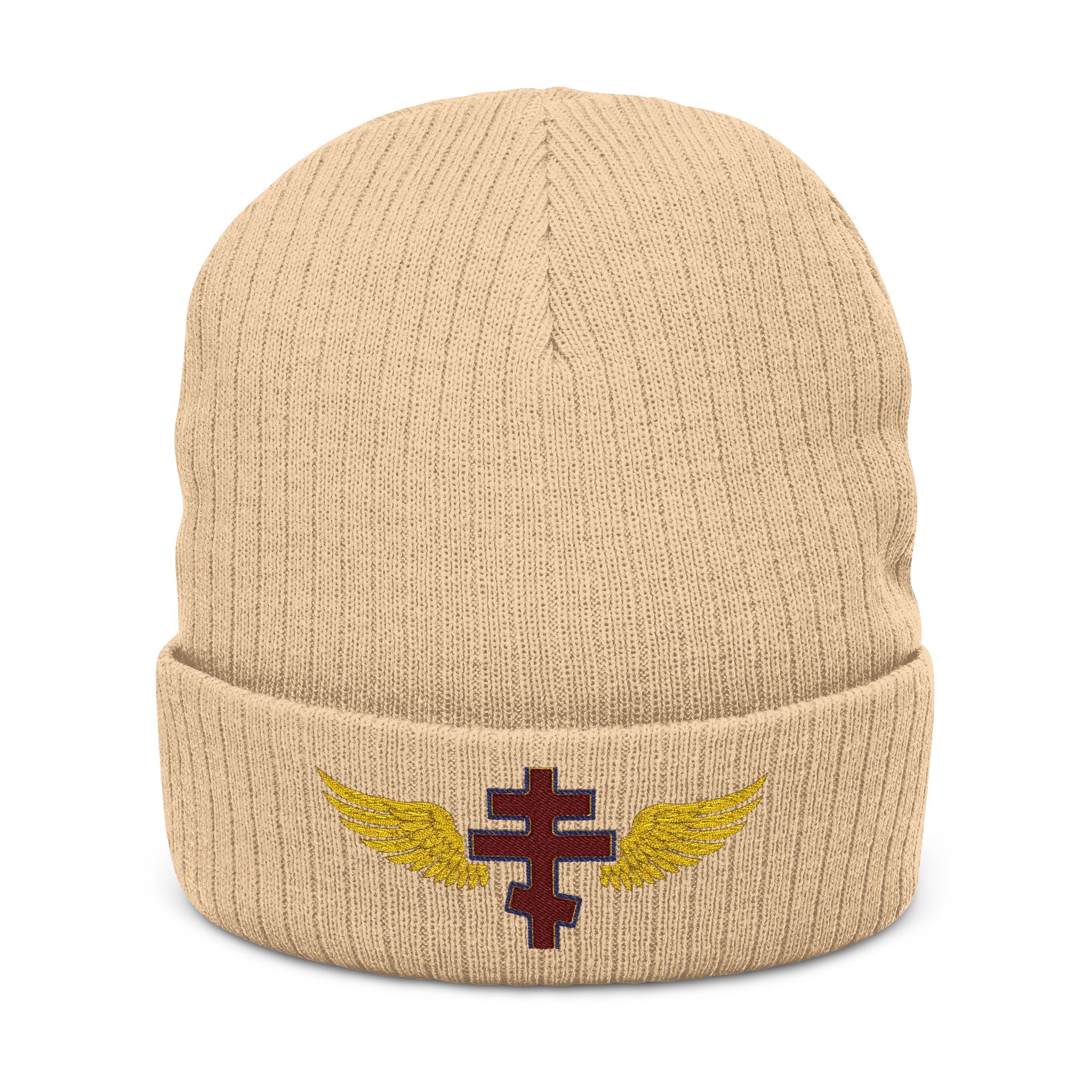 Antiochian Orthodox cross with wings embroidered on ribbed knit beanie -- additional view 2