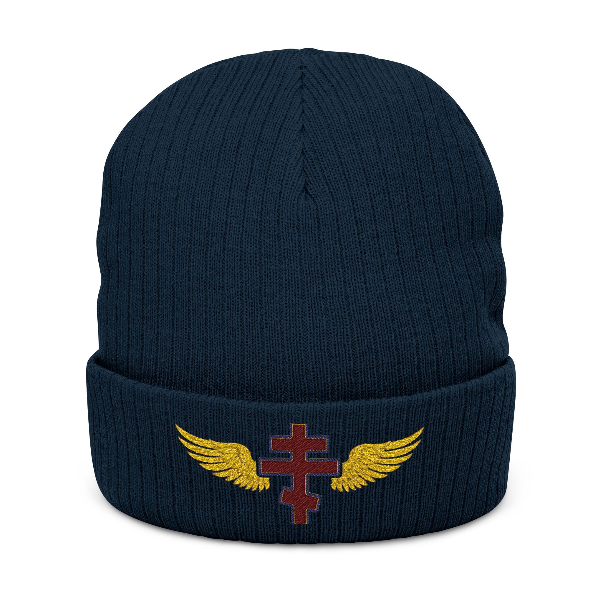 Antiochian Orthodox cross with wings embroidered on ribbed knit beanie -- additional view 3