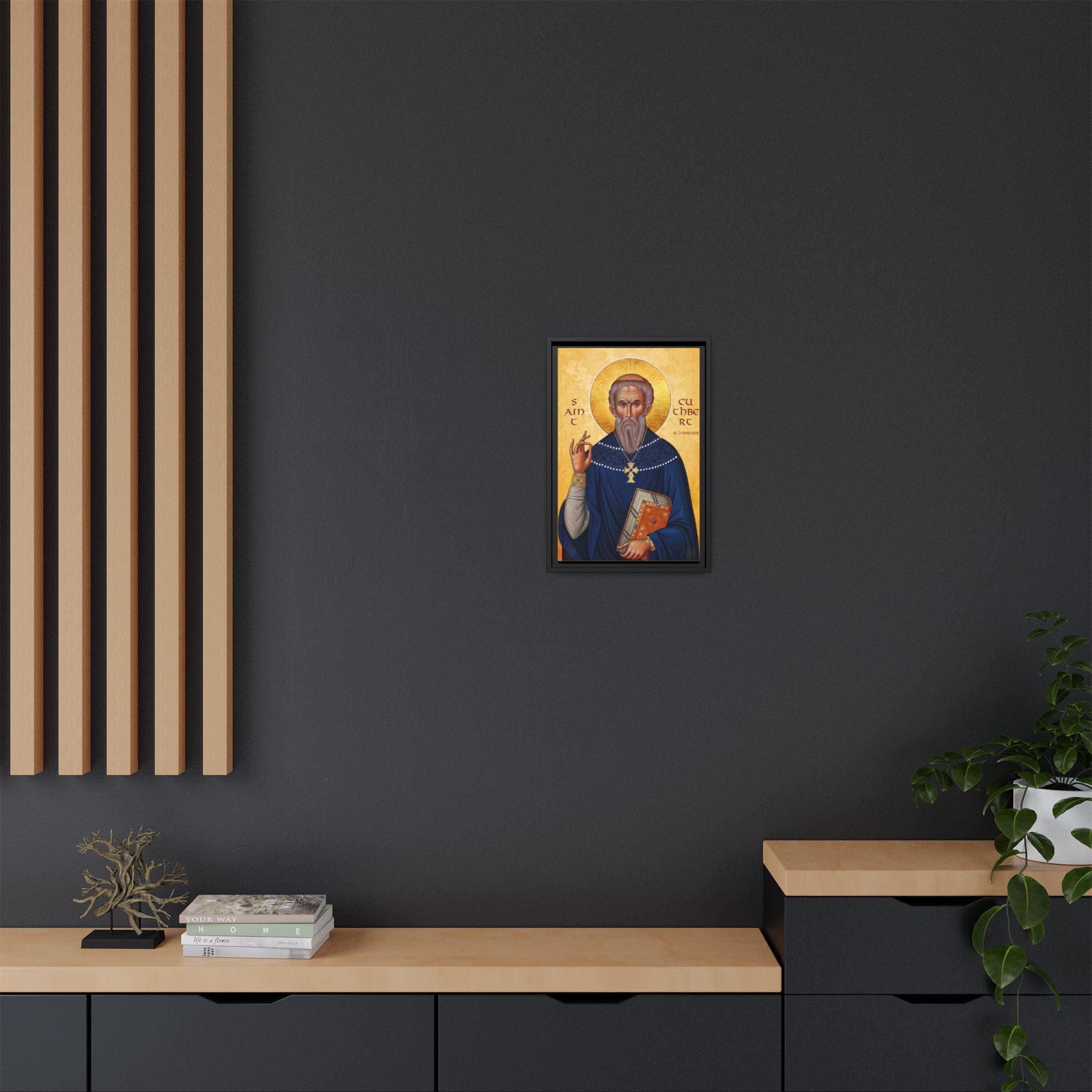 Framed canvas icon of Saint Cuthbert of Lindisfarne, traditional Orthodox Christian artwork