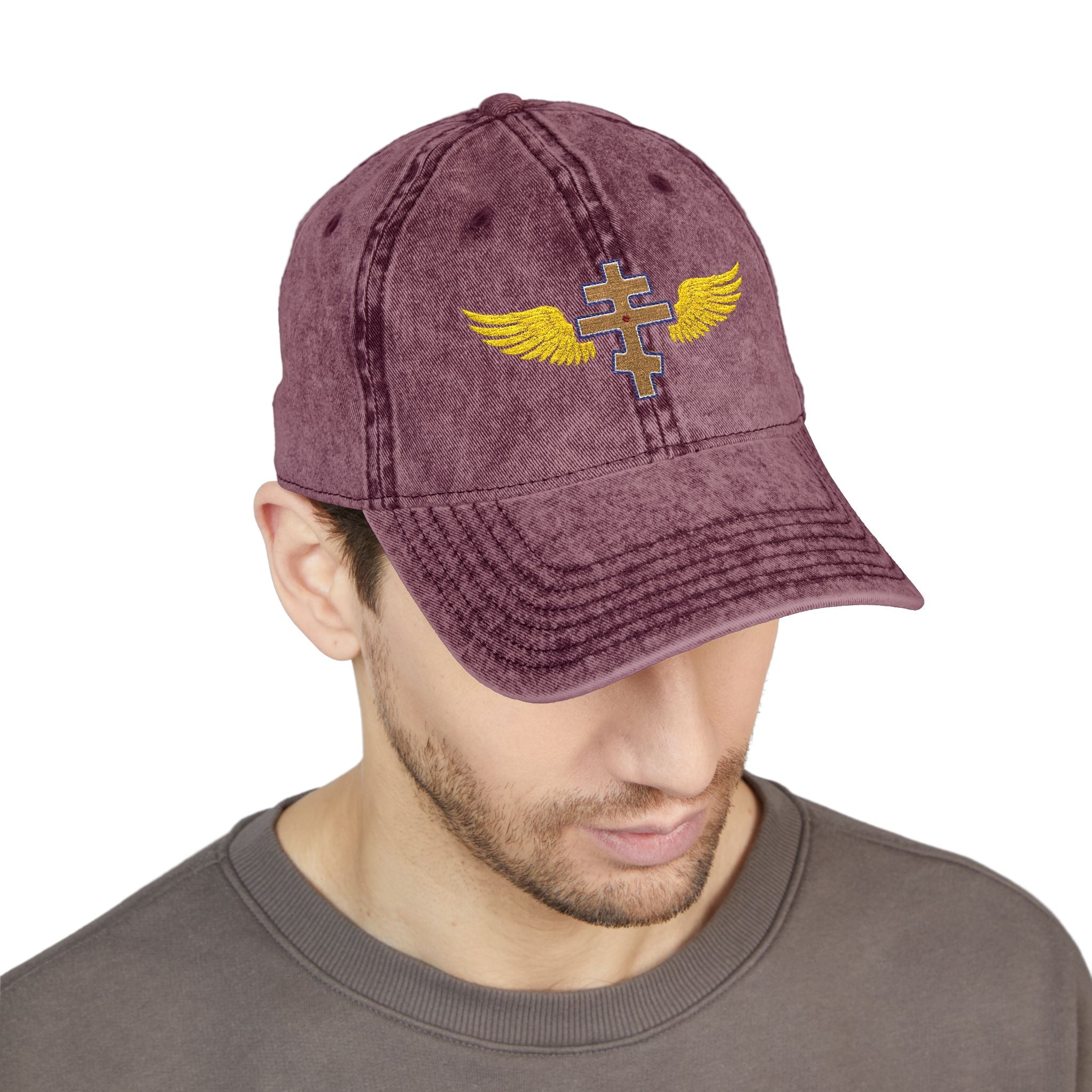 Jerusalem Orthodox cross with wings embroidered on vintage cotton twill cap -- additional view 16