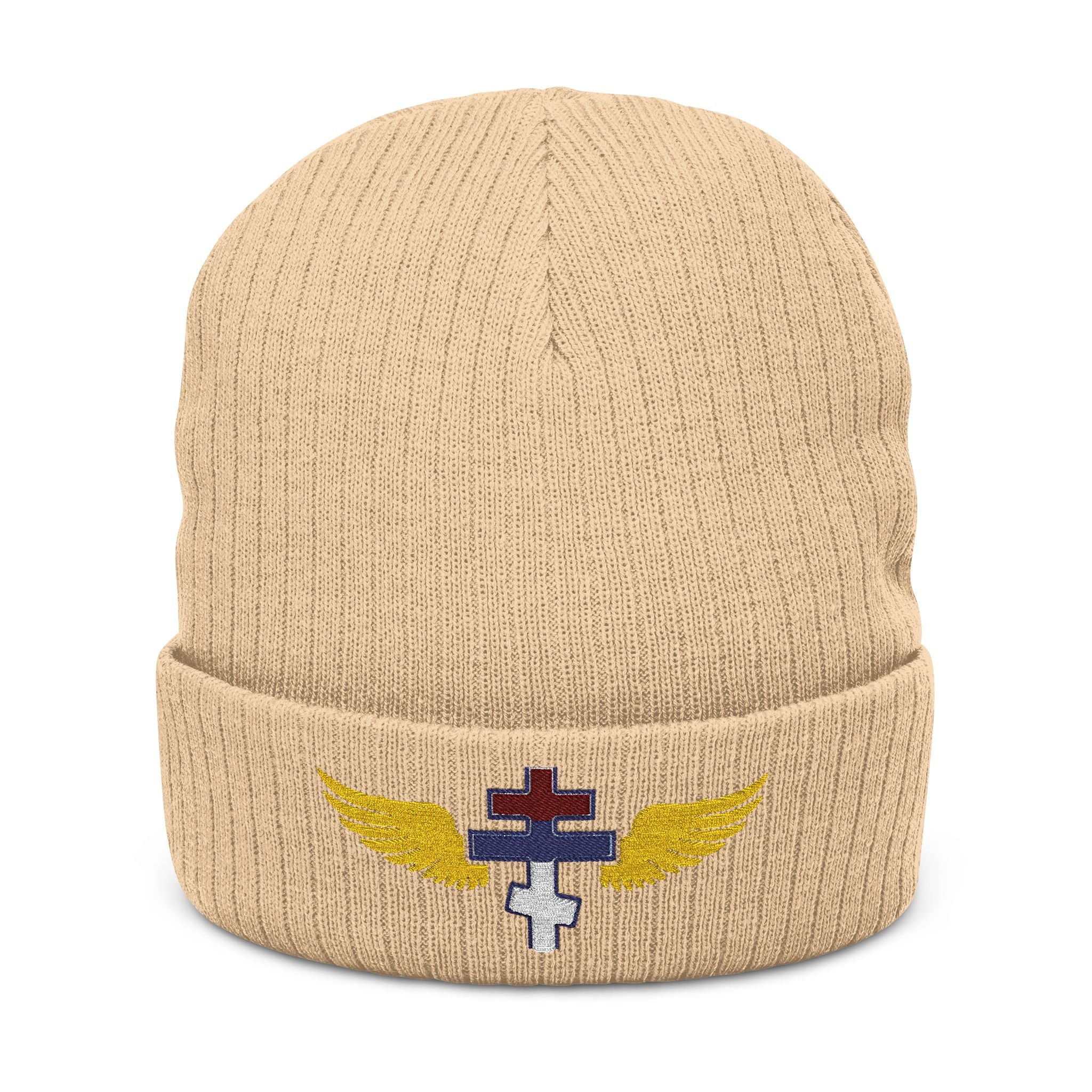 Serbian Orthodox cross with wings embroidered on ribbed knit beanie -- additional view 2