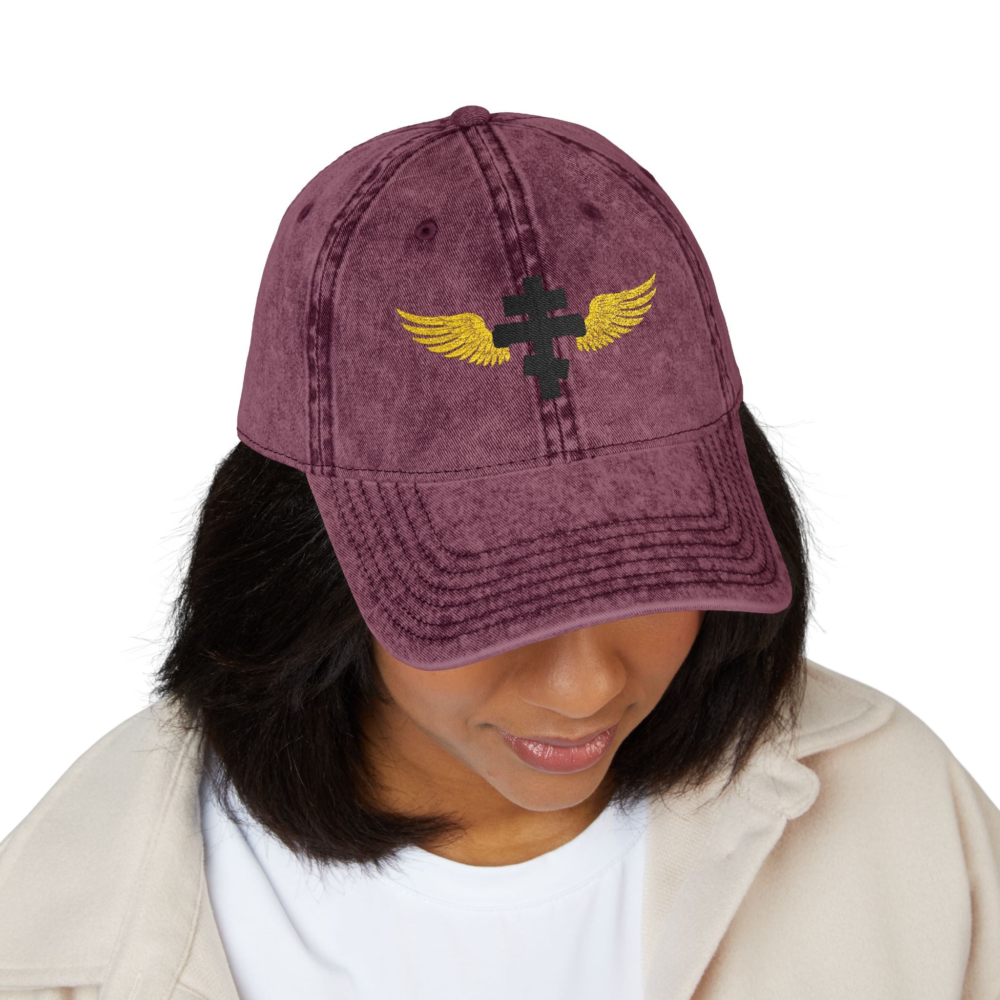 Black Orthodox cross with wings embroidered on vintage cotton twill cap -- additional view 15