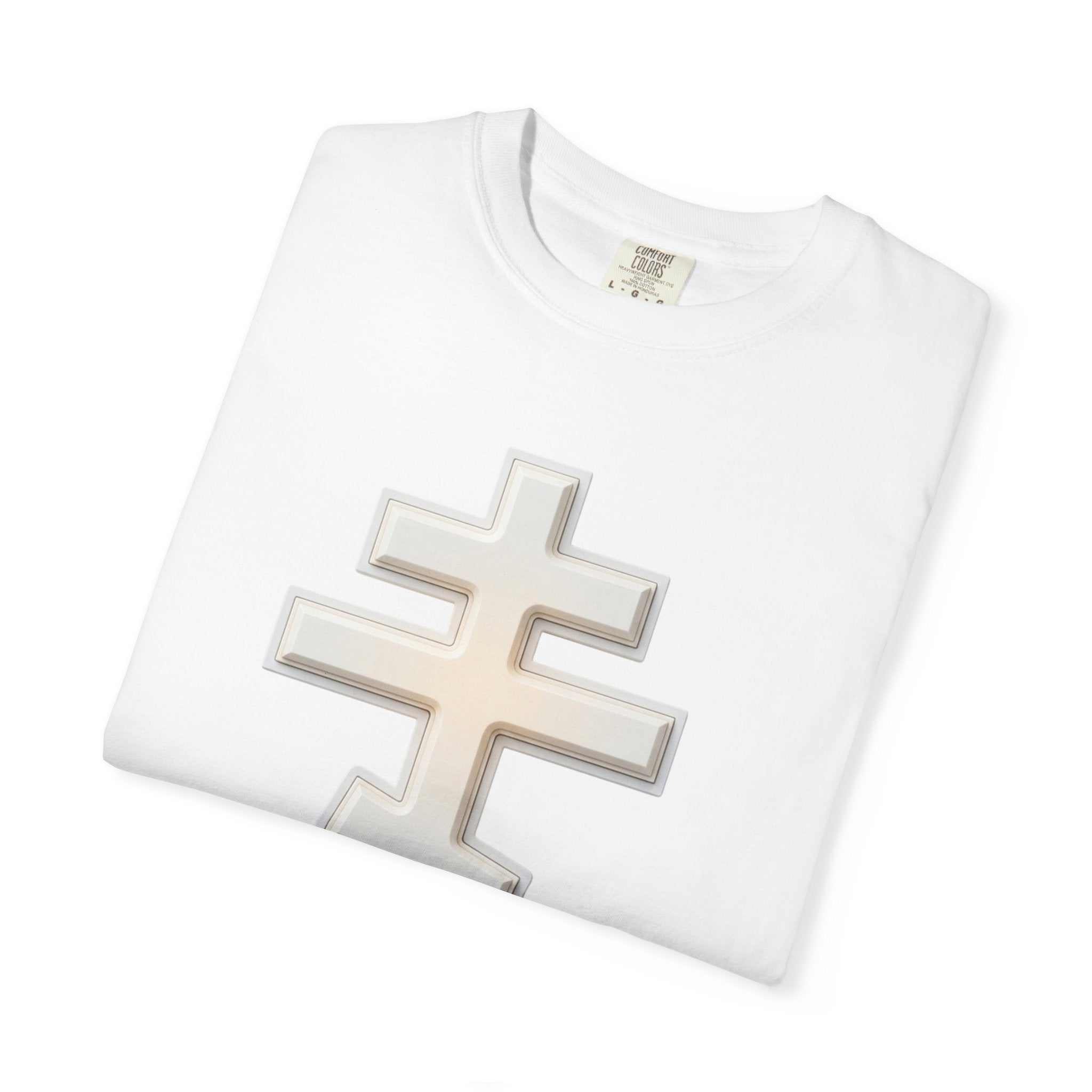 Classic white classic Orthodox cross design on a heavyweight garment-dyed t-shirt