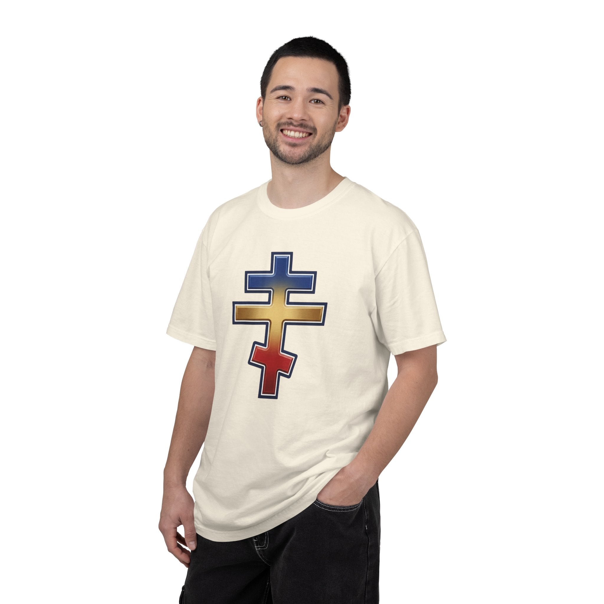 Romanian Orthodox Cross design on a heavyweight garment-dyed t-shirt