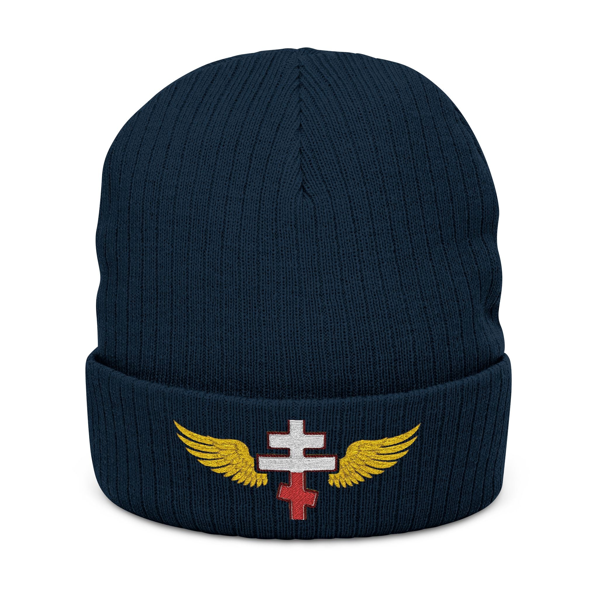 Polish Orthodox cross with wings embroidered on ribbed knit beanie -- additional view 3