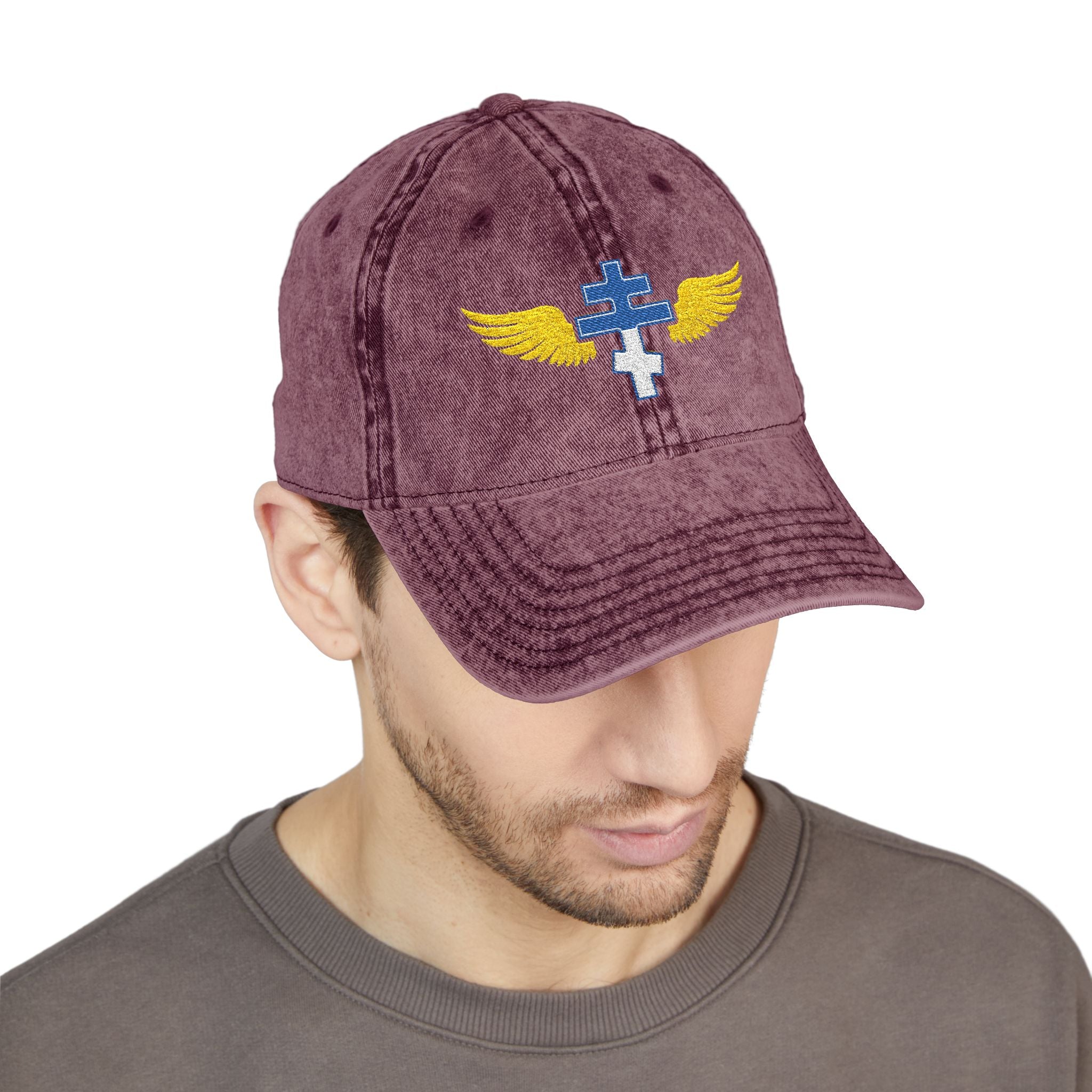 Greek Orthodox cross with wings embroidered on vintage cotton twill cap -- additional view 16