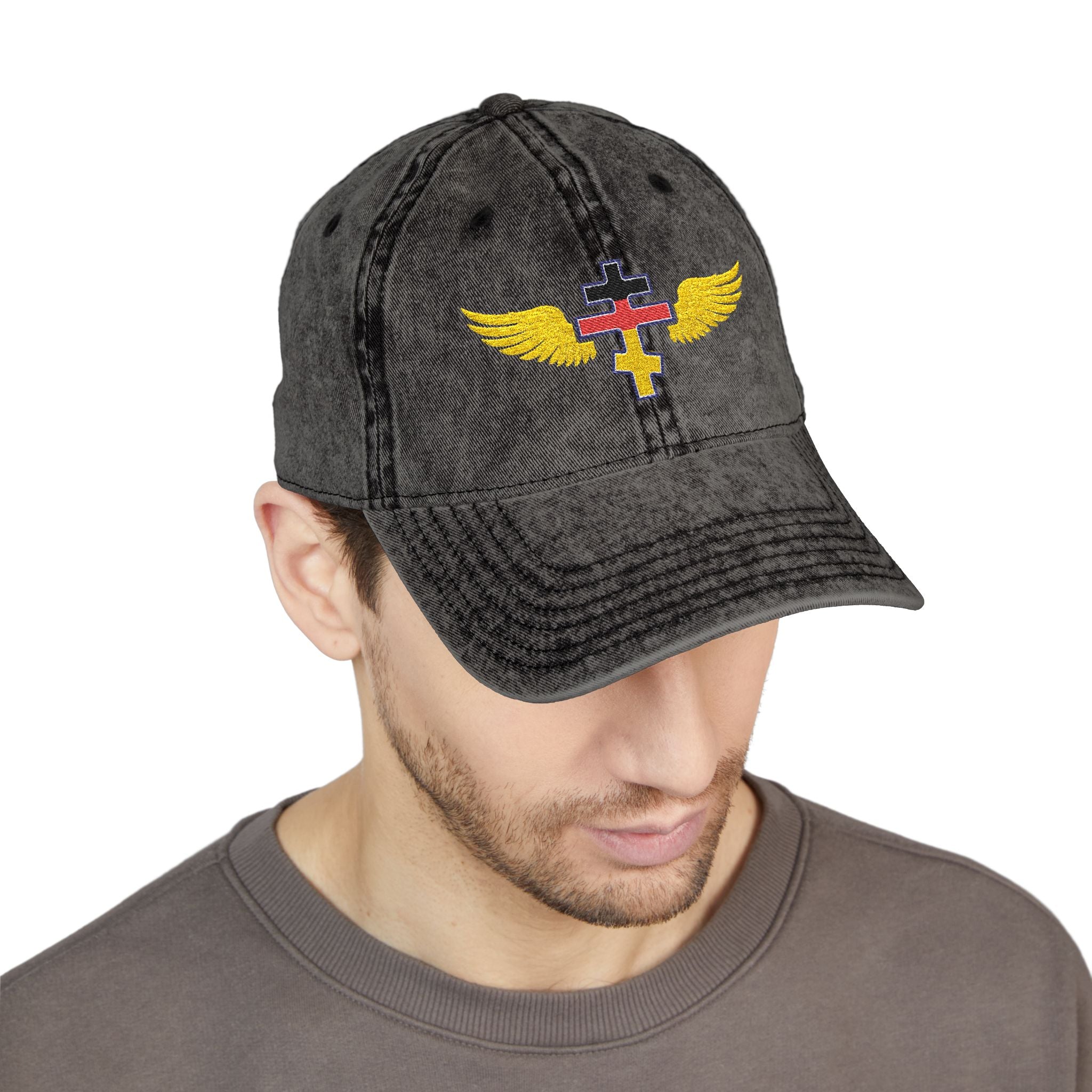German Orthodox cross with wings embroidered on vintage cotton twill cap -- additional view 10
