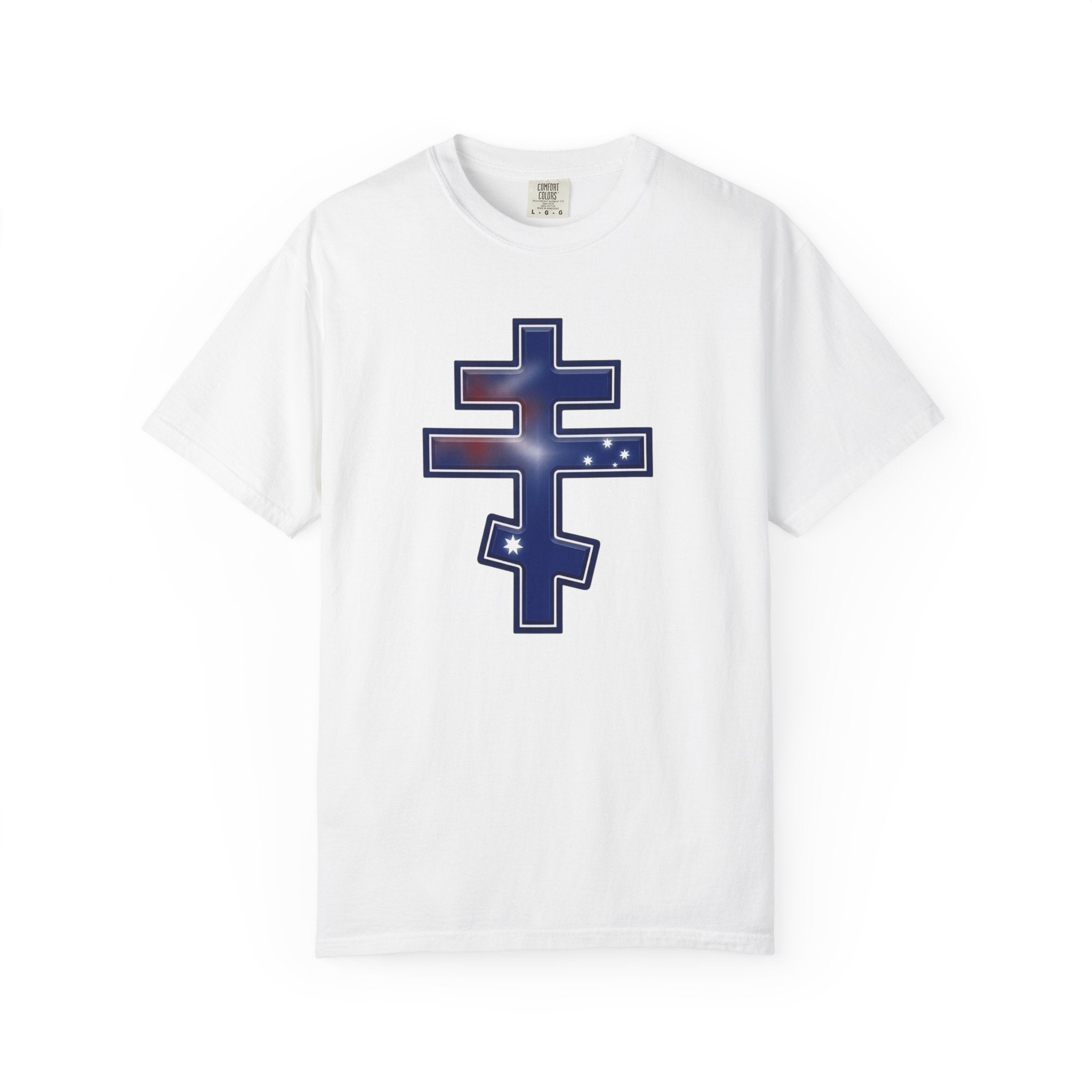Australian Orthodox Cross design on a heavyweight garment-dyed t-shirt