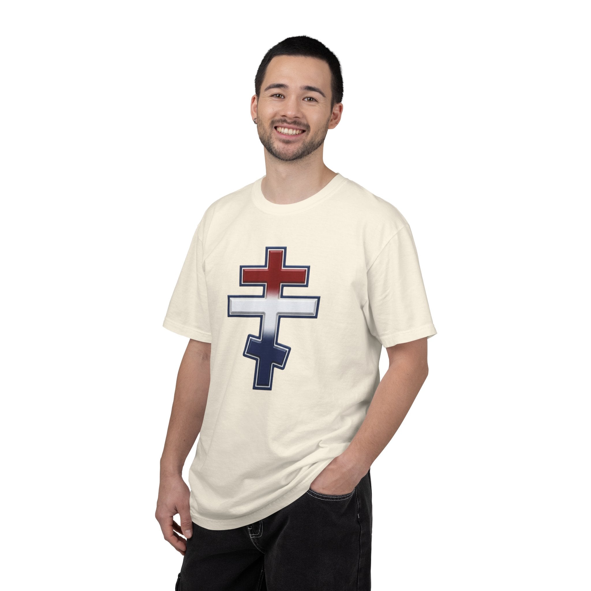 United States Orthodox Cross design on a heavyweight garment-dyed t-shirt