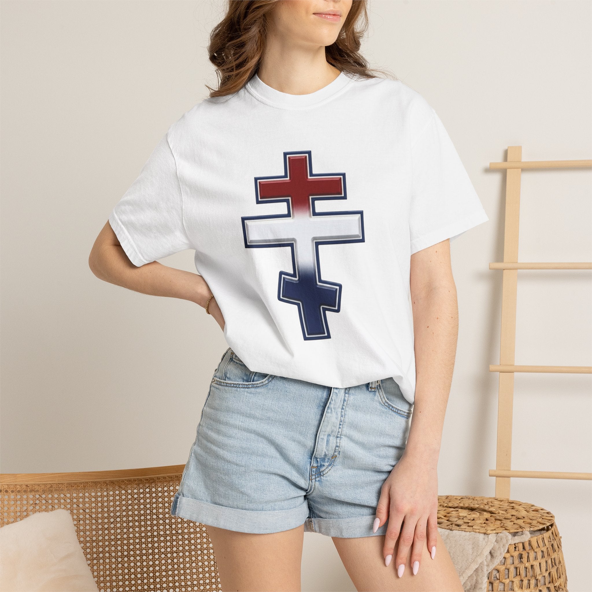 United States Orthodox Cross design on a heavyweight garment-dyed t-shirt