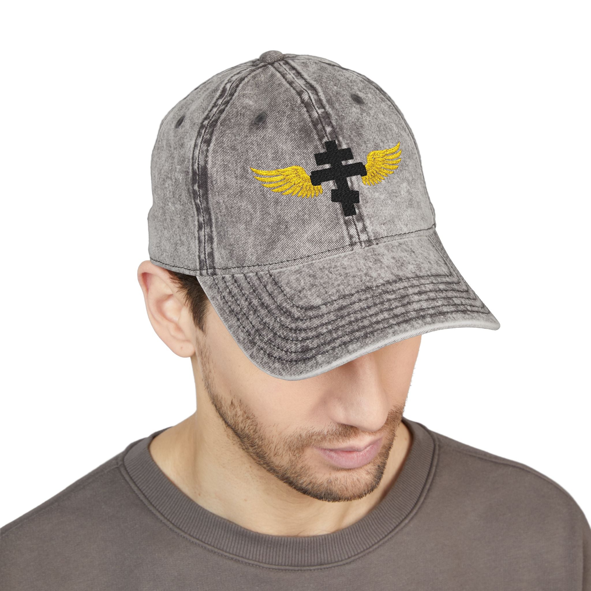Black Orthodox cross with wings embroidered on vintage cotton twill cap -- additional view 7