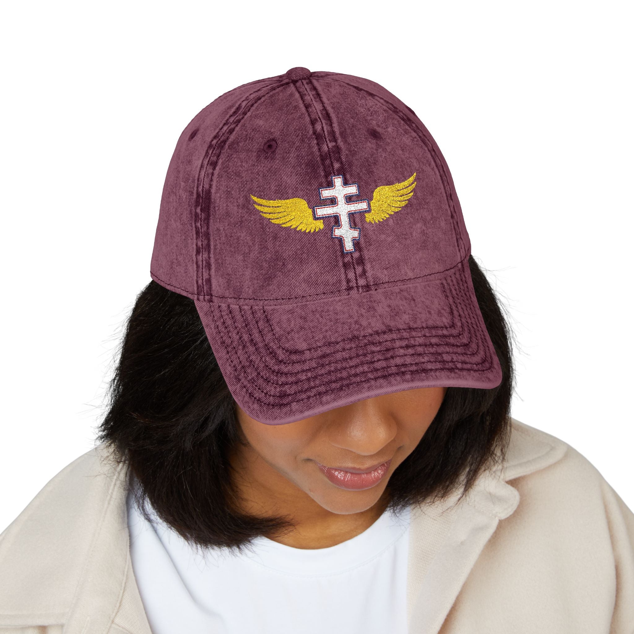 Georgian Orthodox cross with wings embroidered on vintage cotton twill cap -- additional view 15