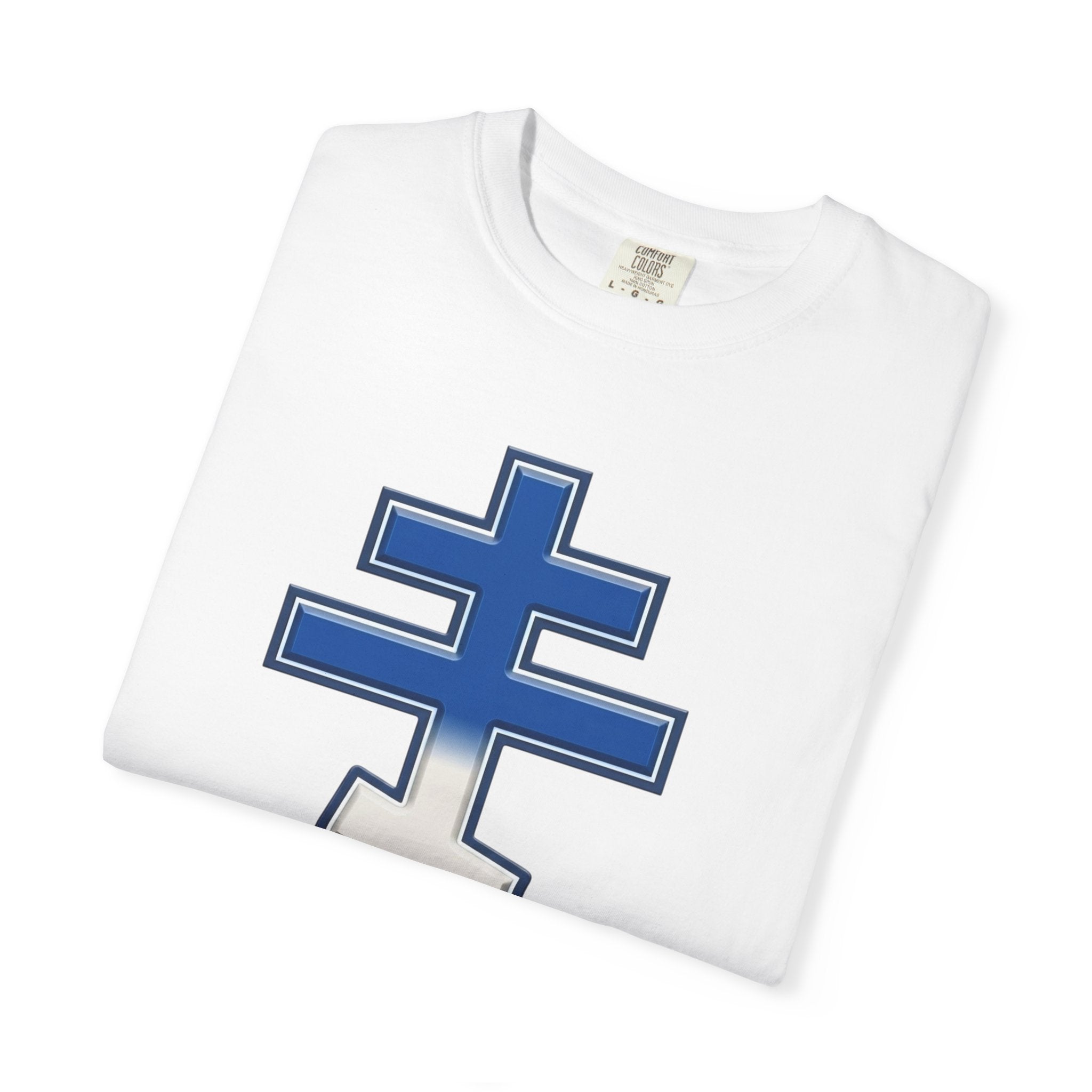 Greek Orthodox Cross design on a heavyweight garment-dyed t-shirt