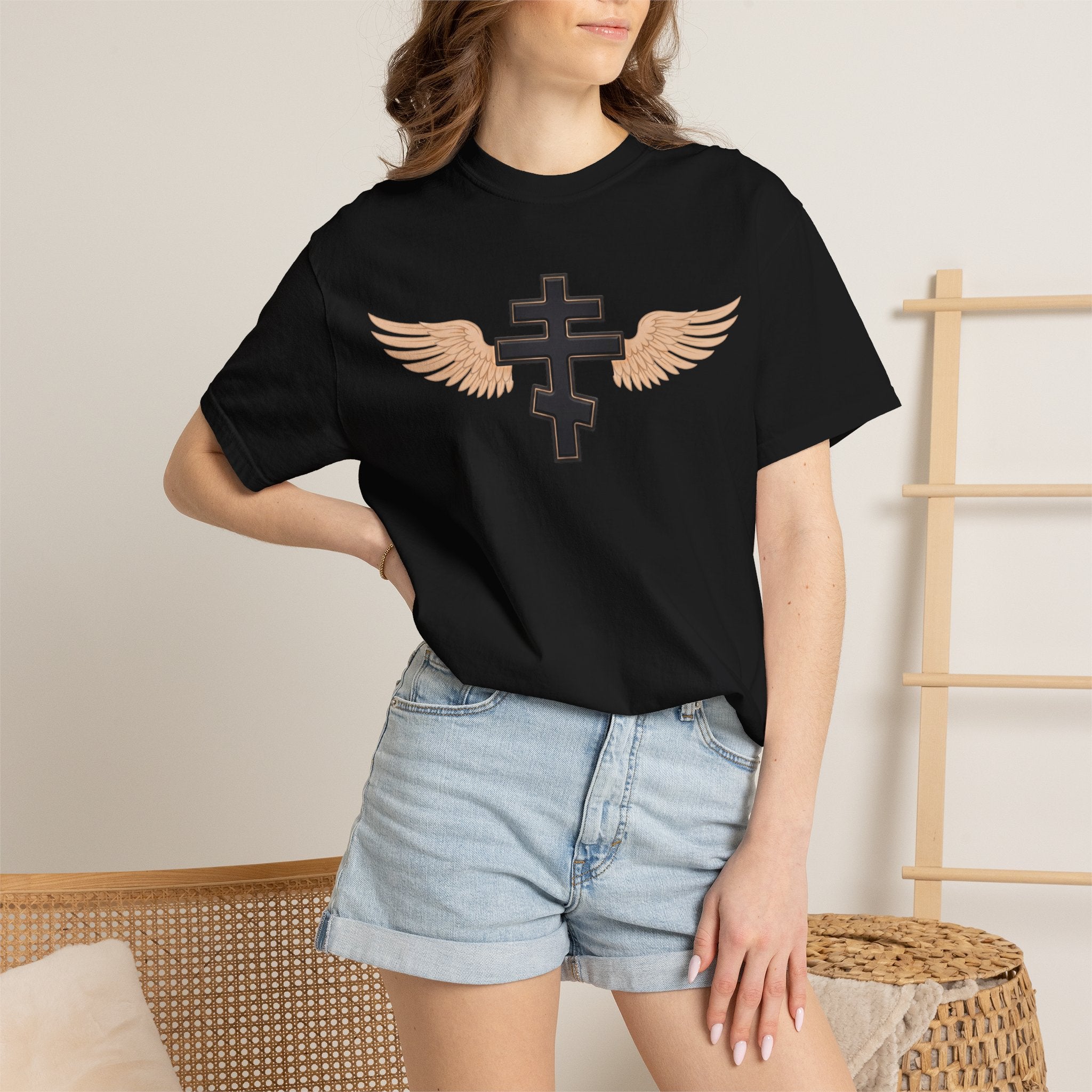 Classic black winged classic Orthodox cross design on a heavyweight garment-dyed t-shirt