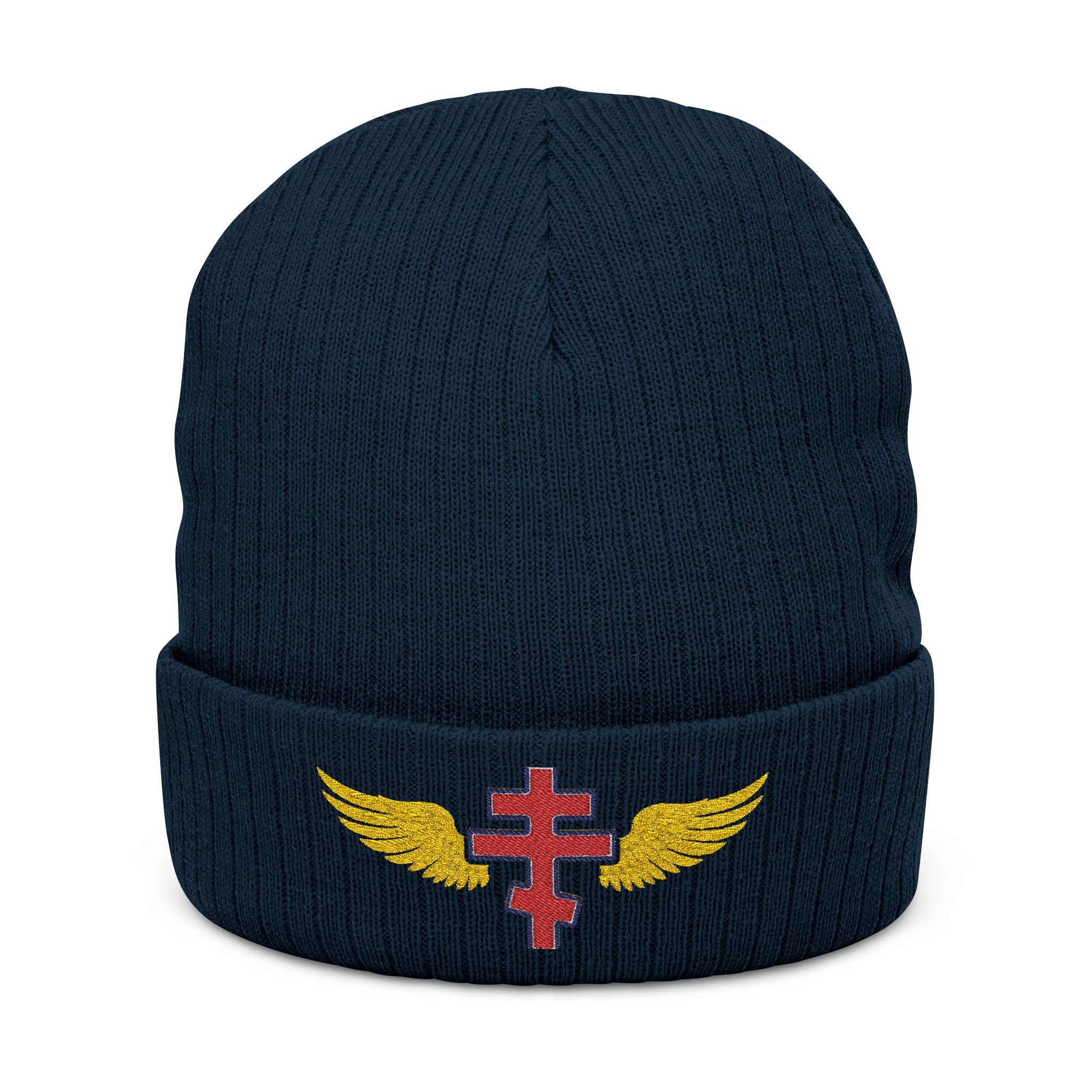 Latvian Orthodox cross with wings embroidered on ribbed knit beanie -- additional view 3