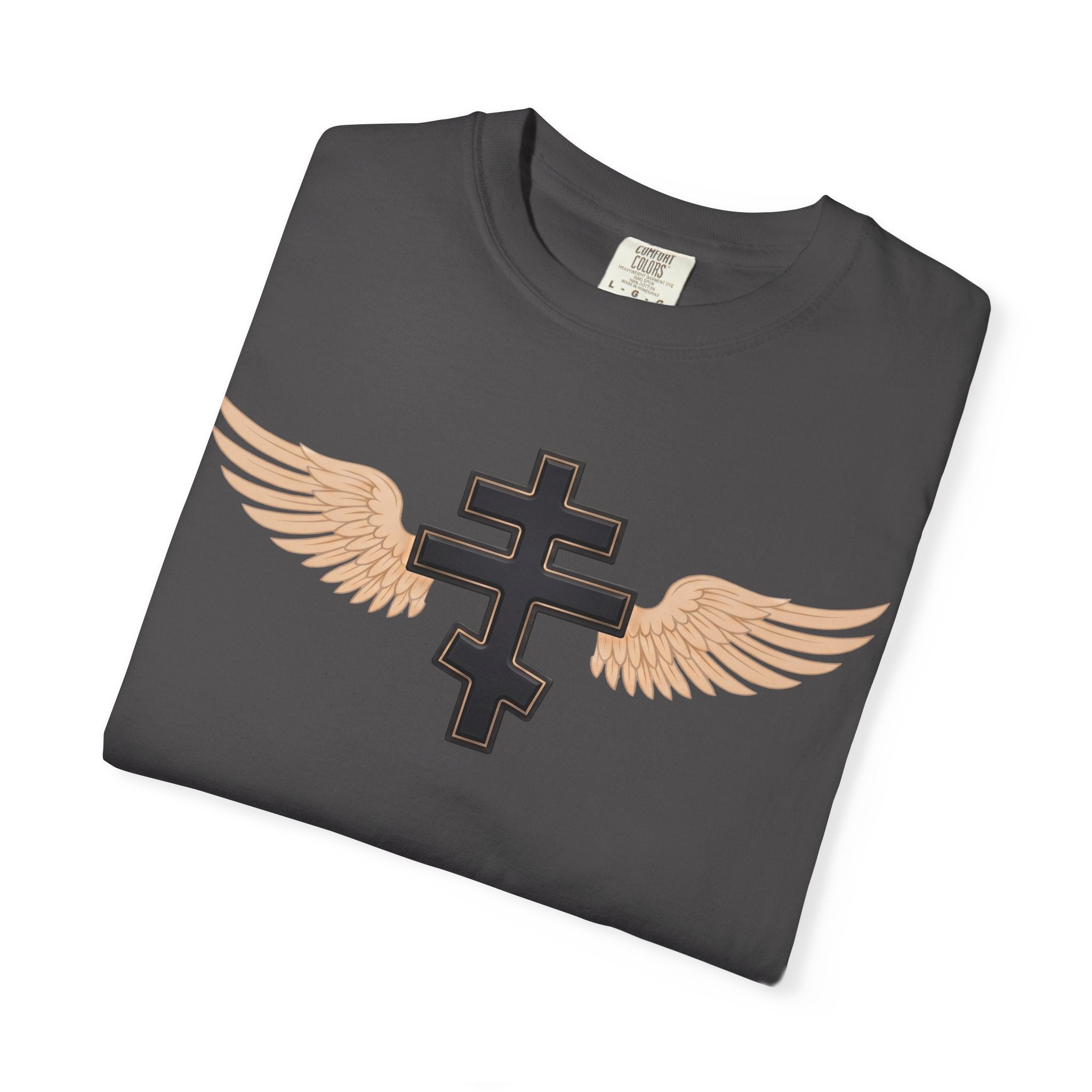 Classic black winged classic Orthodox cross design on a heavyweight garment-dyed t-shirt