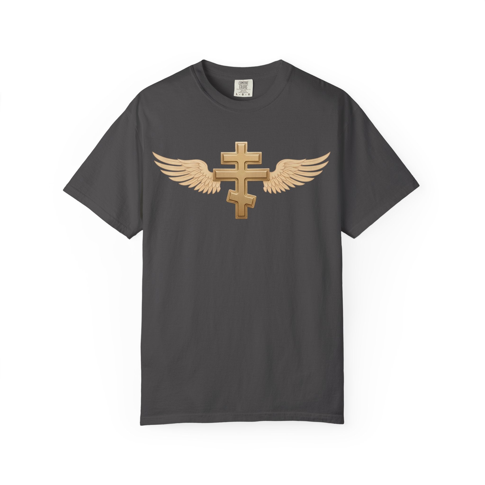 Classic gold winged classic Orthodox cross design on a heavyweight garment-dyed t-shirt