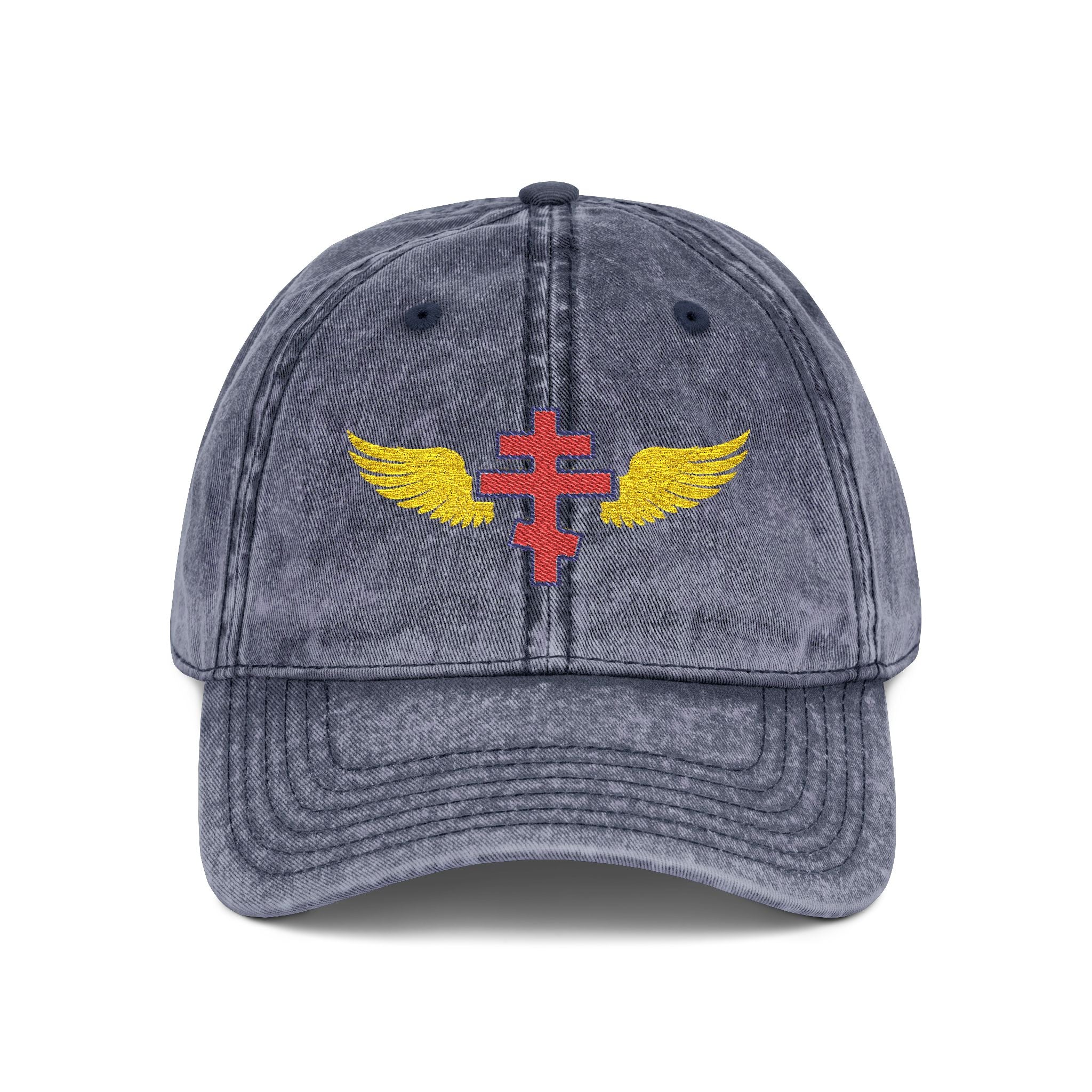 Montenegrin Orthodox cross with wings embroidered on vintage cotton twill cap -- additional view 3