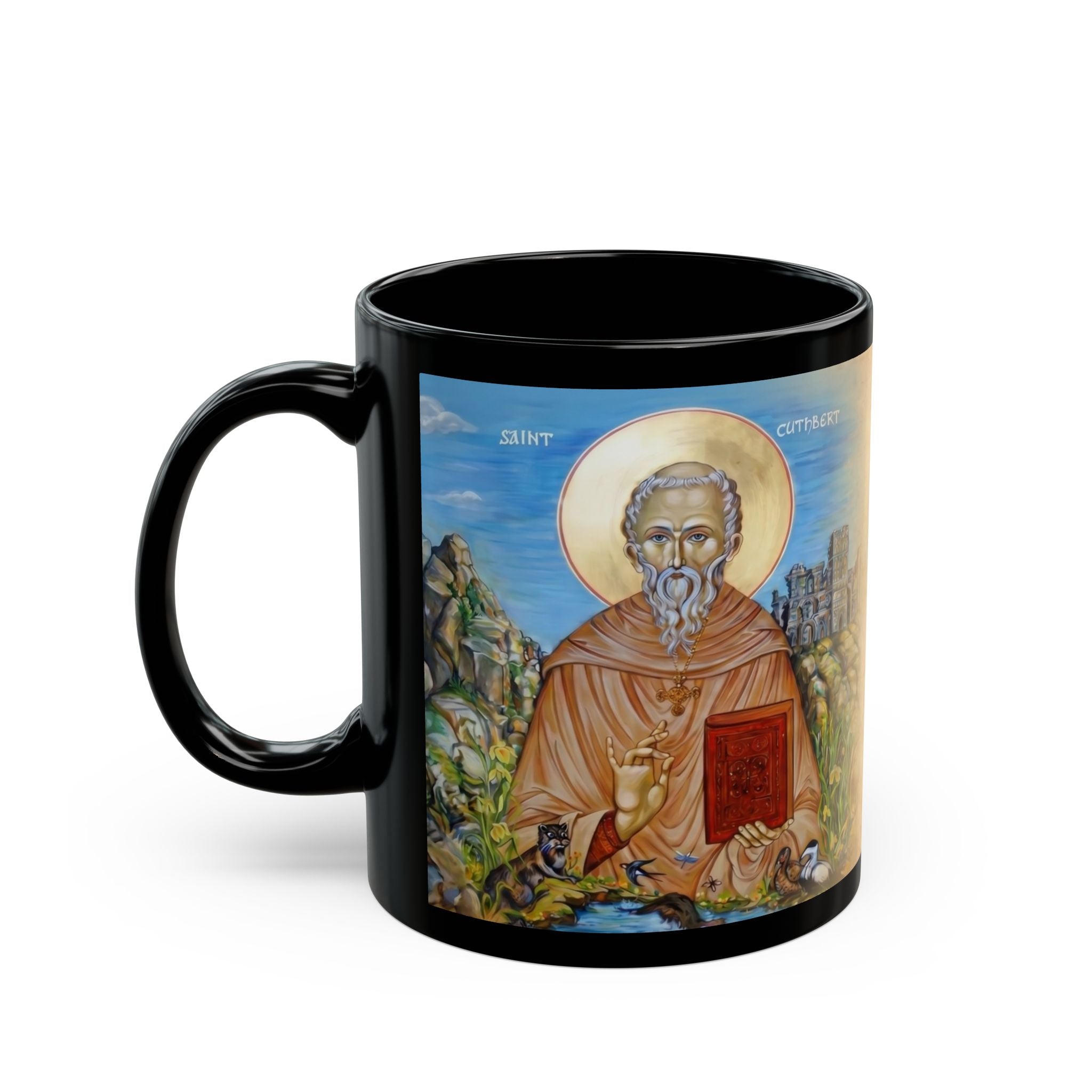 Saint Cuthbert of Lindisfarne Black Coffee Mug