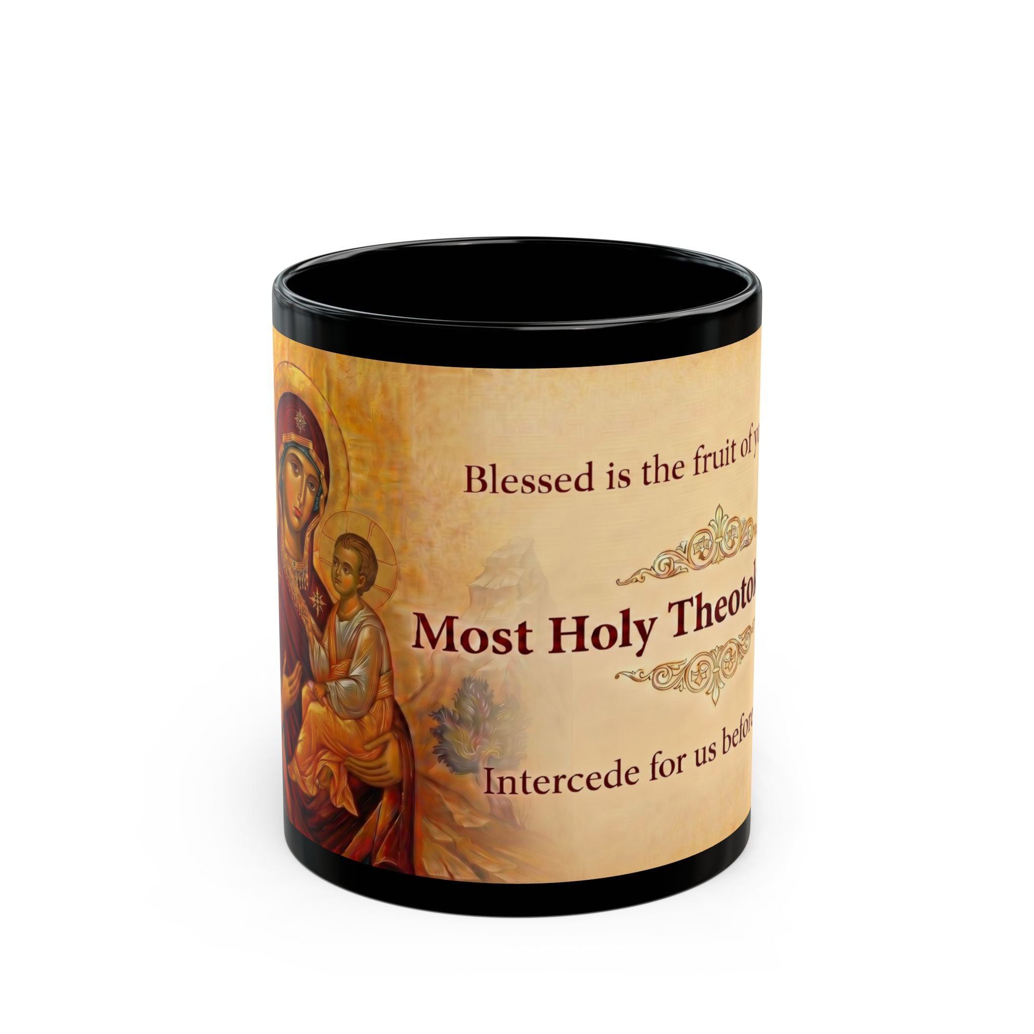 Theotokos of Tikhvin Orthodox Christian Black Coffee Mug — Orthodox Christian Mug