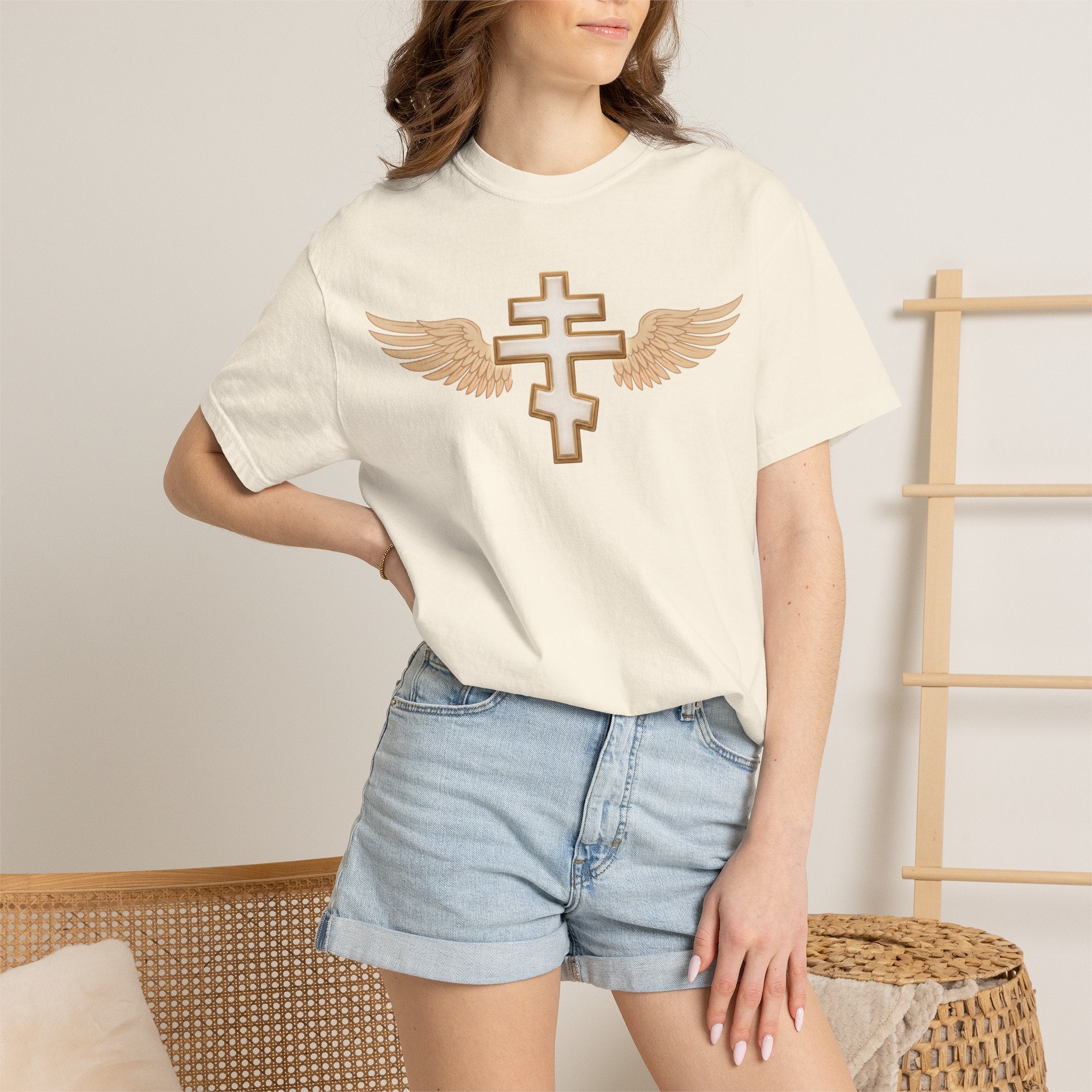 Classic white winged classic Orthodox cross design on a heavyweight garment-dyed t-shirt