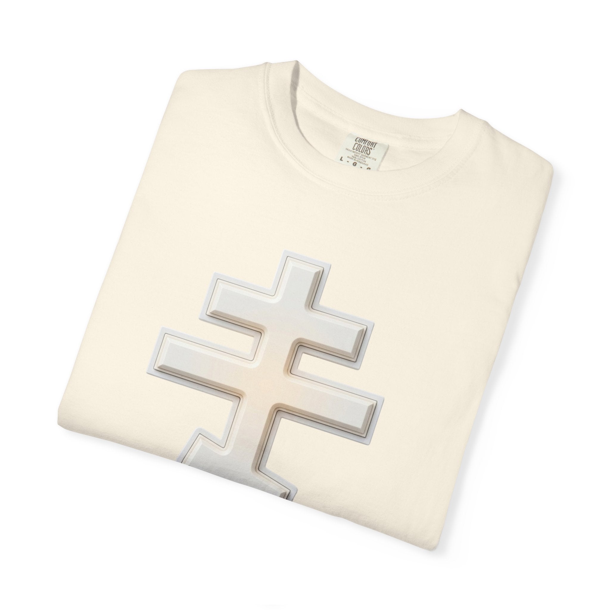 Classic white classic Orthodox cross design on a heavyweight garment-dyed t-shirt