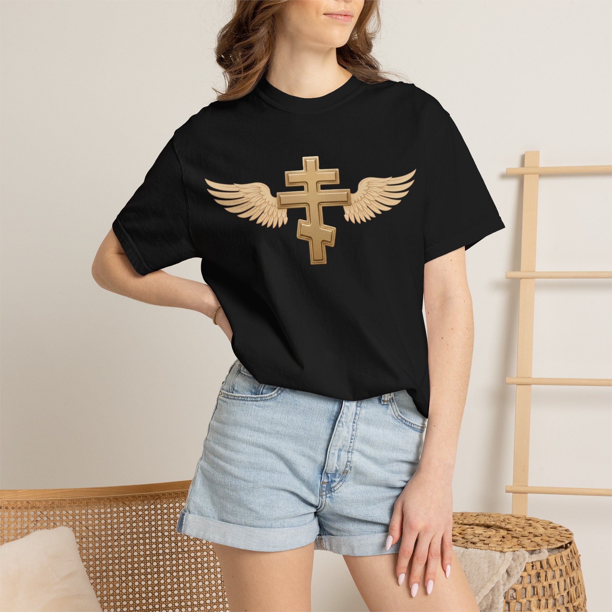 Classic gold winged classic Orthodox cross design on a heavyweight garment-dyed t-shirt