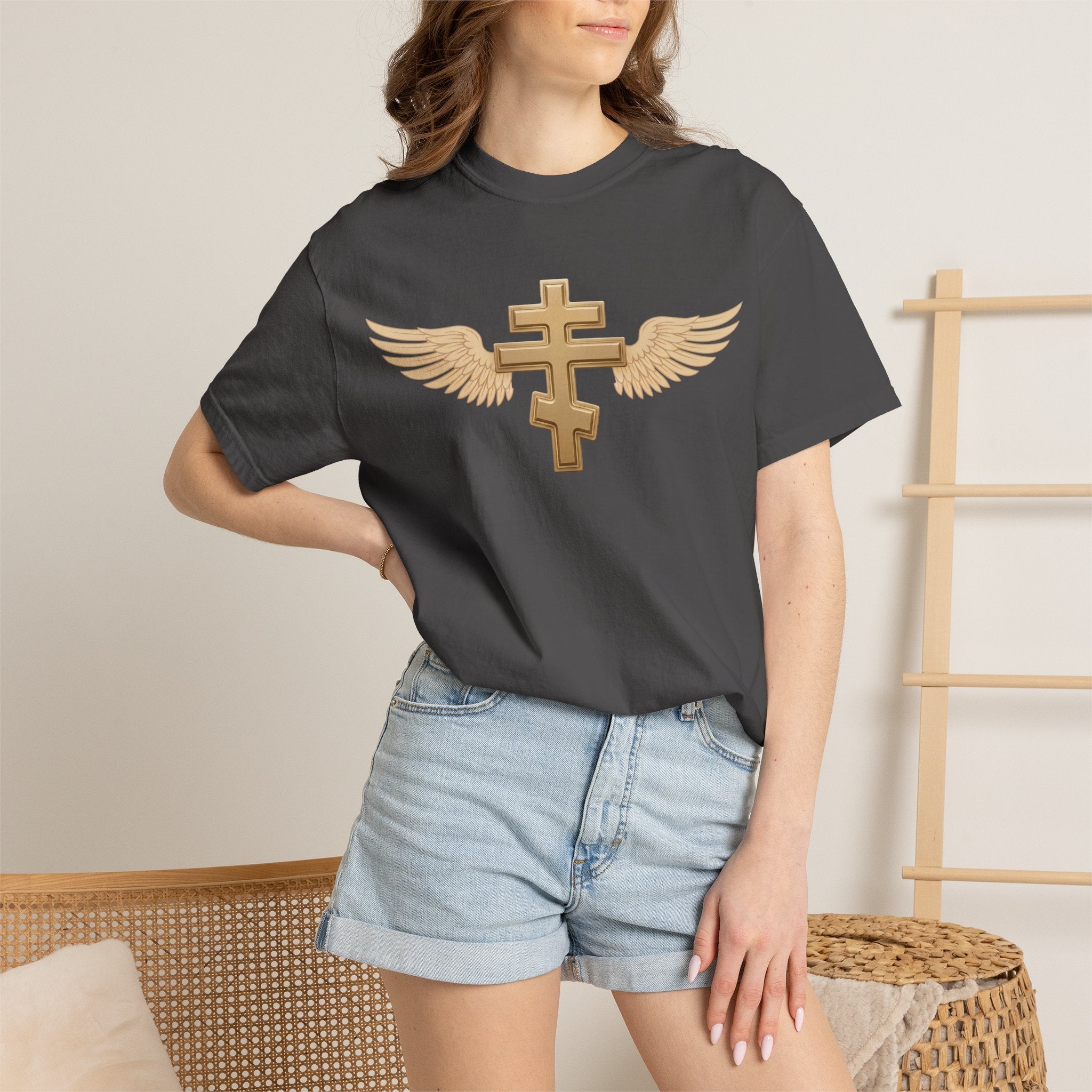 Classic gold winged classic Orthodox cross design on a heavyweight garment-dyed t-shirt