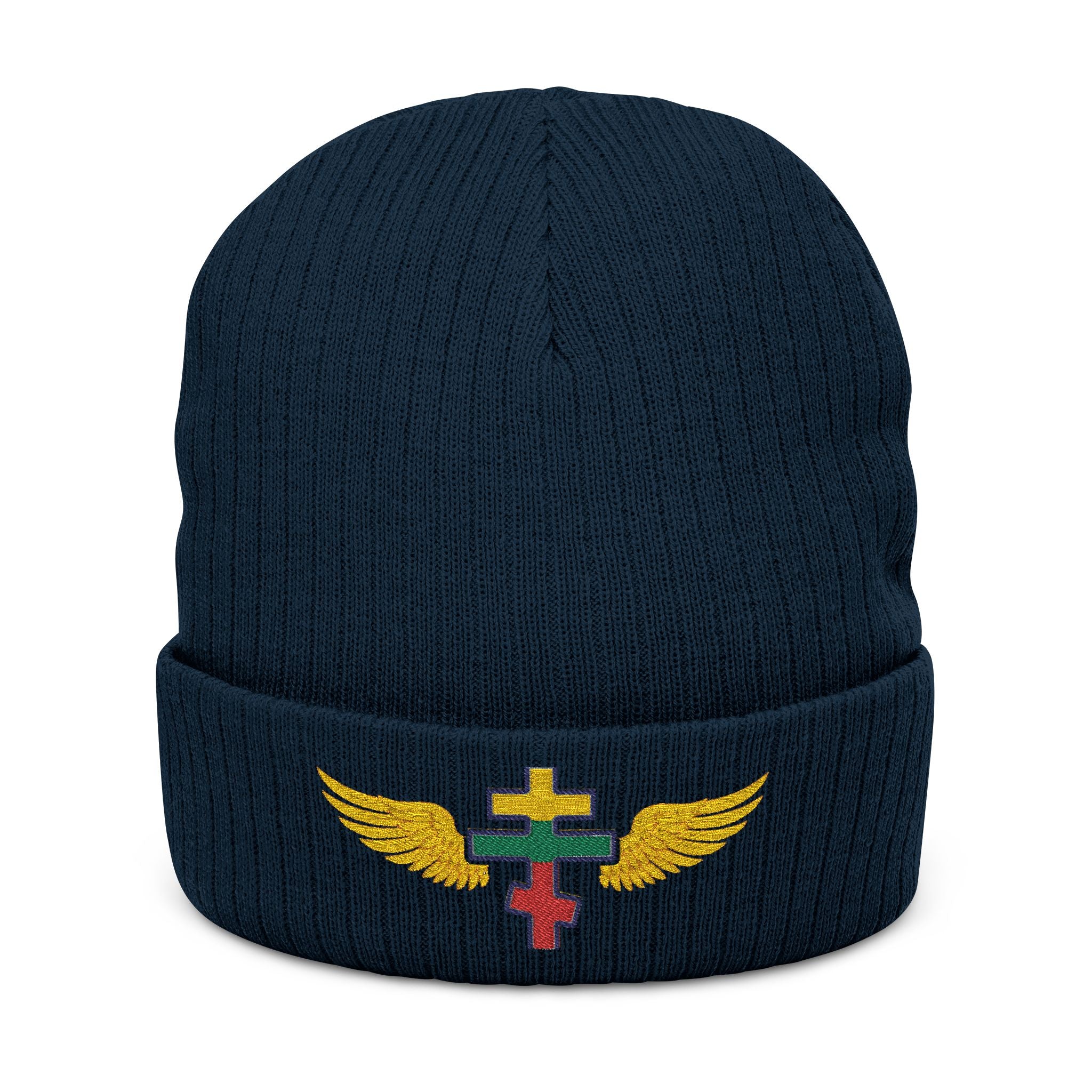 Lithuanian Orthodox cross with wings embroidered on ribbed knit beanie -- additional view 3