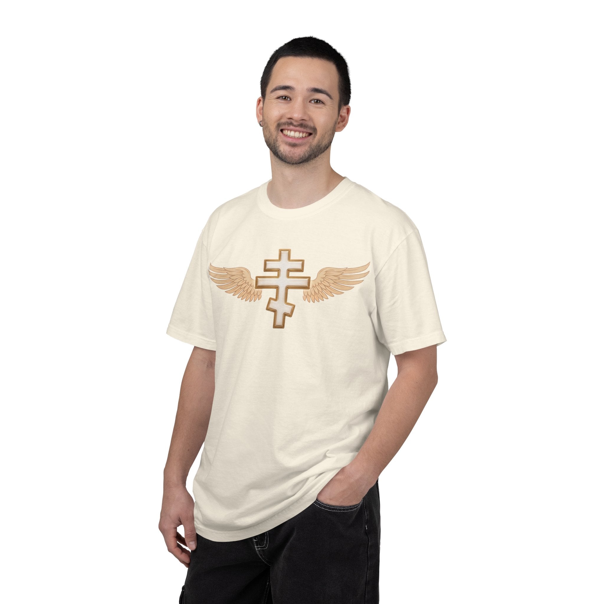 Classic white winged classic Orthodox cross design on a heavyweight garment-dyed t-shirt